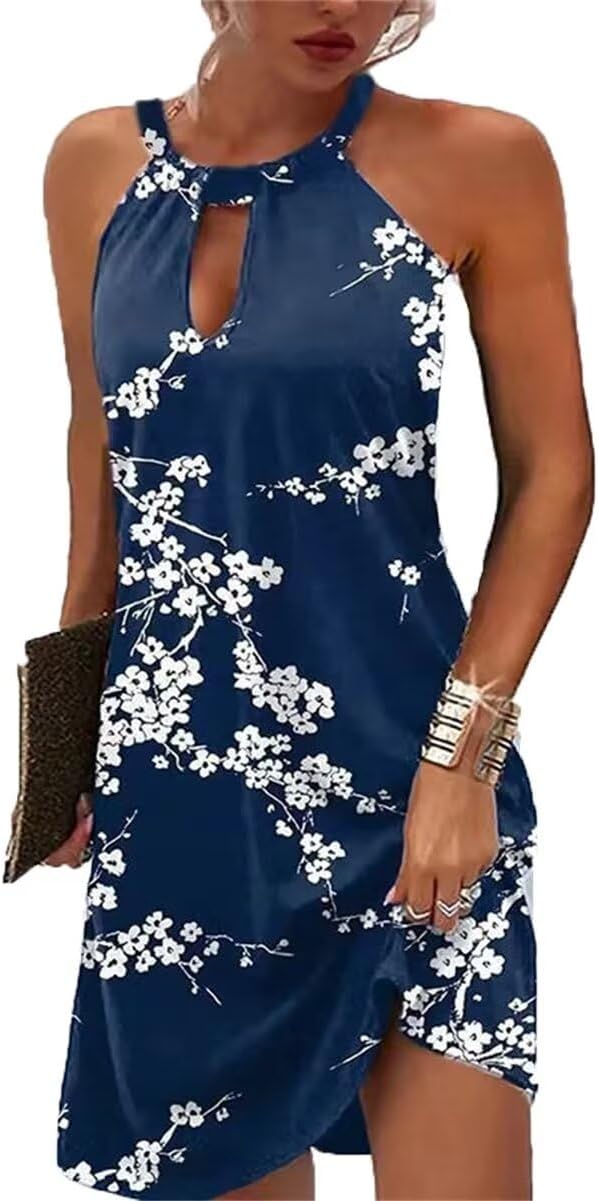BeimucWomen Summer Sleeveless Halter Neck Dresses 2025 Casual Floral Print Dress Sun Dresses for Party Beach Vacation