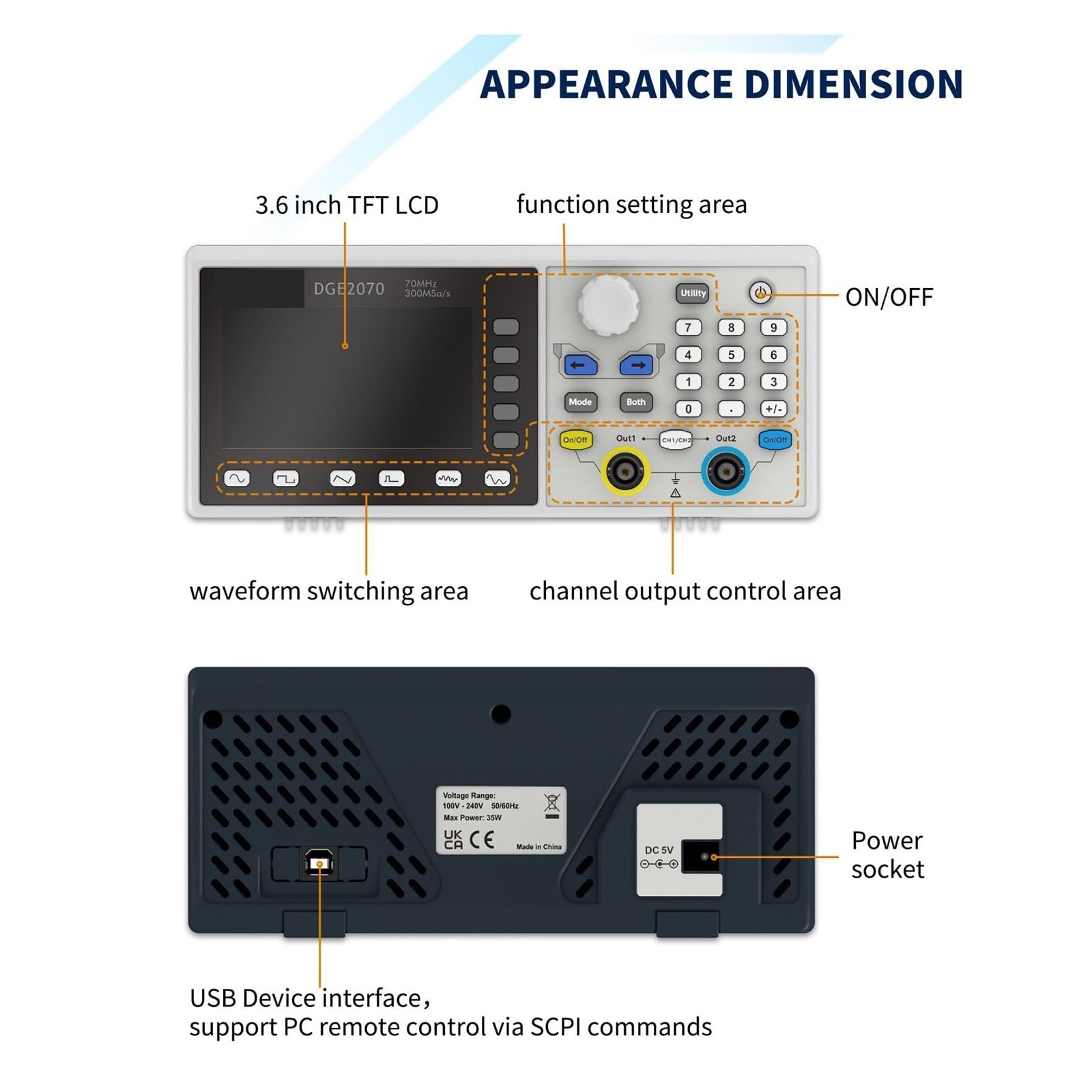 Osciloscopio Digital, Generador de Forma de Onda arbitraria 300MSa/s Osciloscopio Digital de Doble Canal de 35MHz / 70Mhz para la Industria de Mantenimiento y educación(DGE2070)