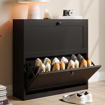 VOWNER Shoe Cabinet with 2 Flip Drawers, Freestanding Shoe Storage Cabinet with Adjustable Shelf & Anti-Tipping Device, Shoe Rack for Entryway, Hallway, Living Room Black