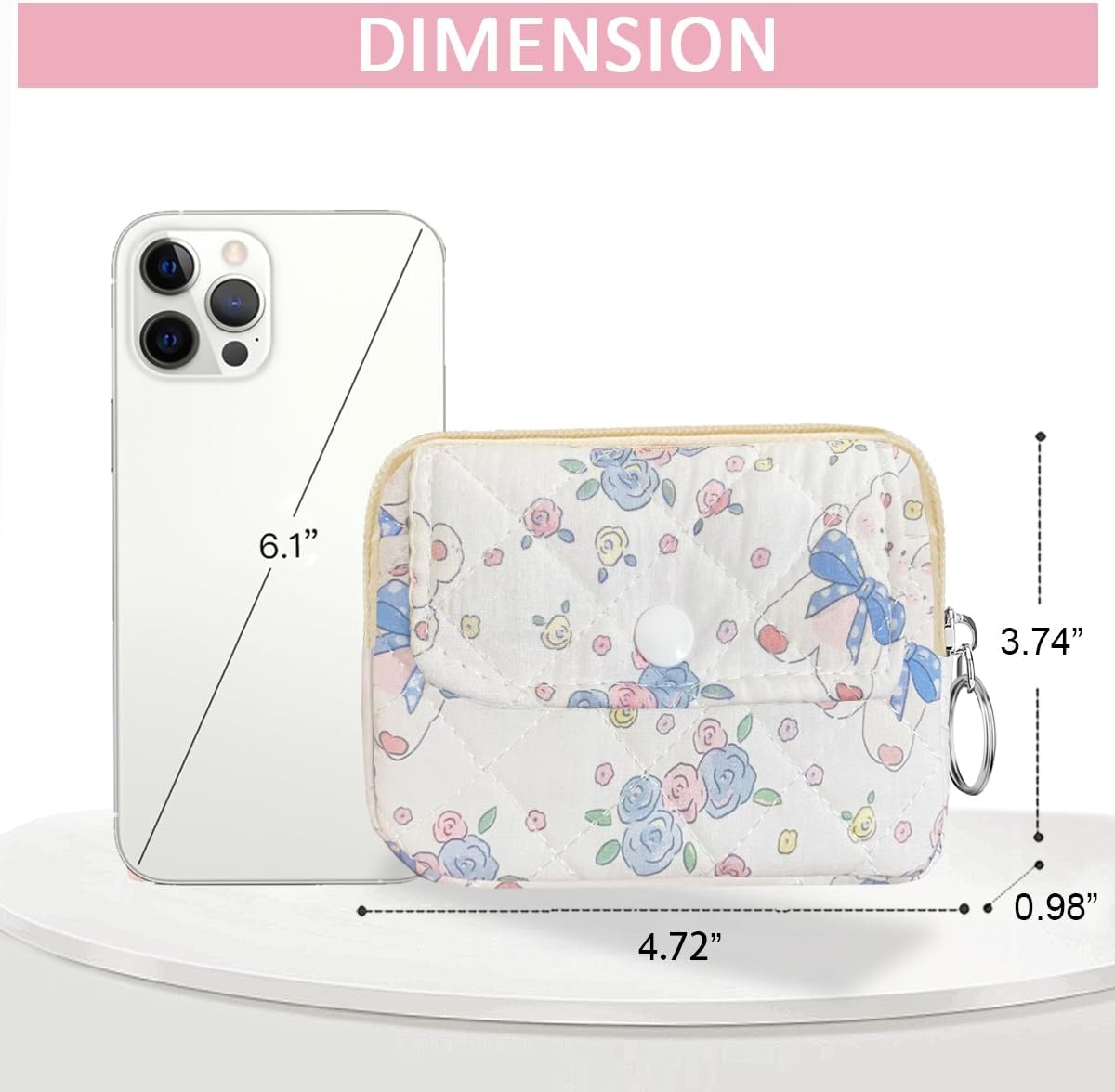 Cotton Quilted Floral Coin Pouch with Cute Prints Zipper for Women Girls (ROSE BEAR) - Image 3