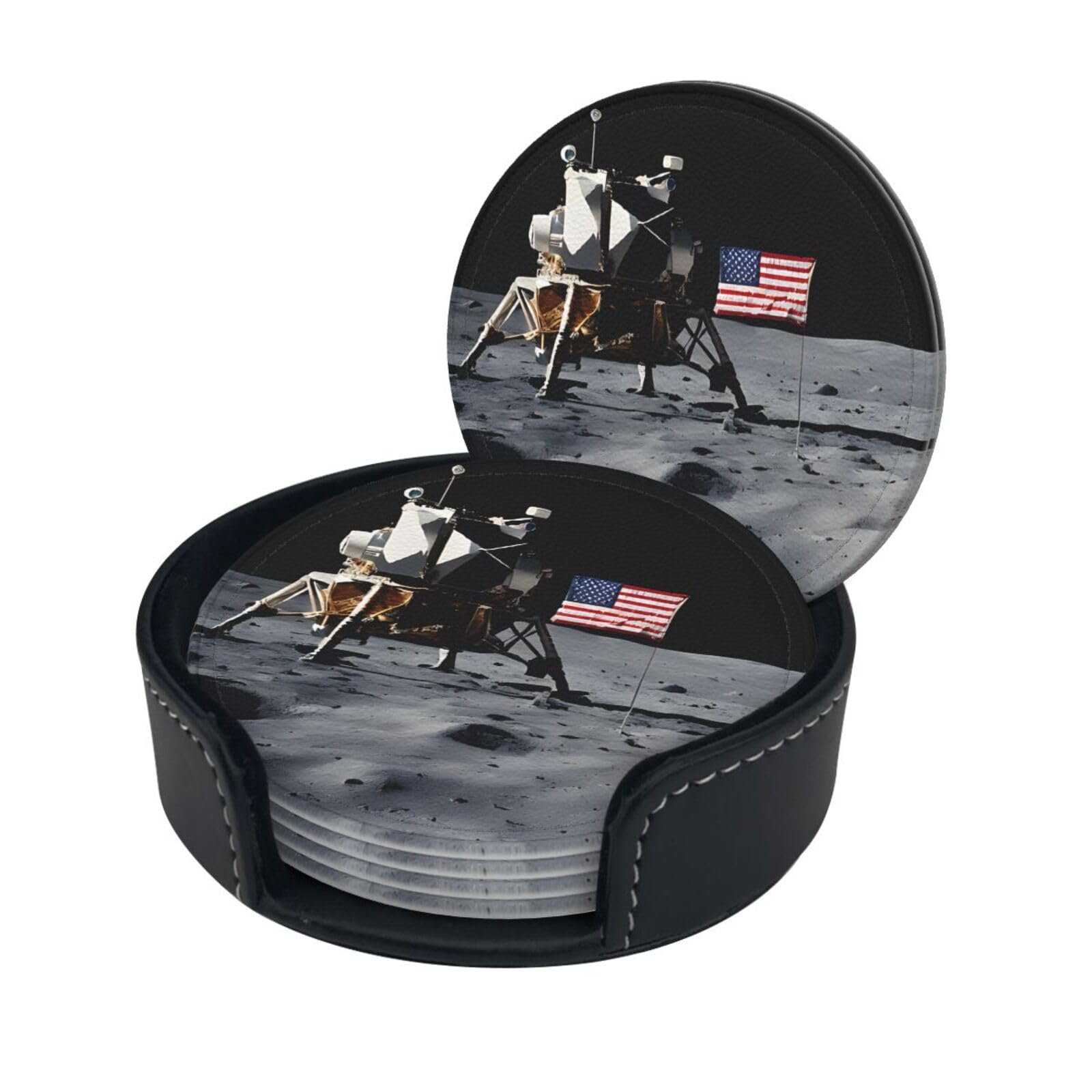 Astronaut On The Moon Print Coaster,Round Leather Coasters with Storage Box for Wine Mugs,Cold Drinks and Cups Tabletop Protection (6 Piece)
