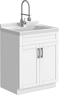 SIMPLIHOMEHennessy All-in-One Utility Sink & Cabinet in Pure White, 28-inch, Laundry Cabinet with ABS Sink, Chrome Faucet, Shaker-Style Doors for Laundry Room, Garage, Mudroom
