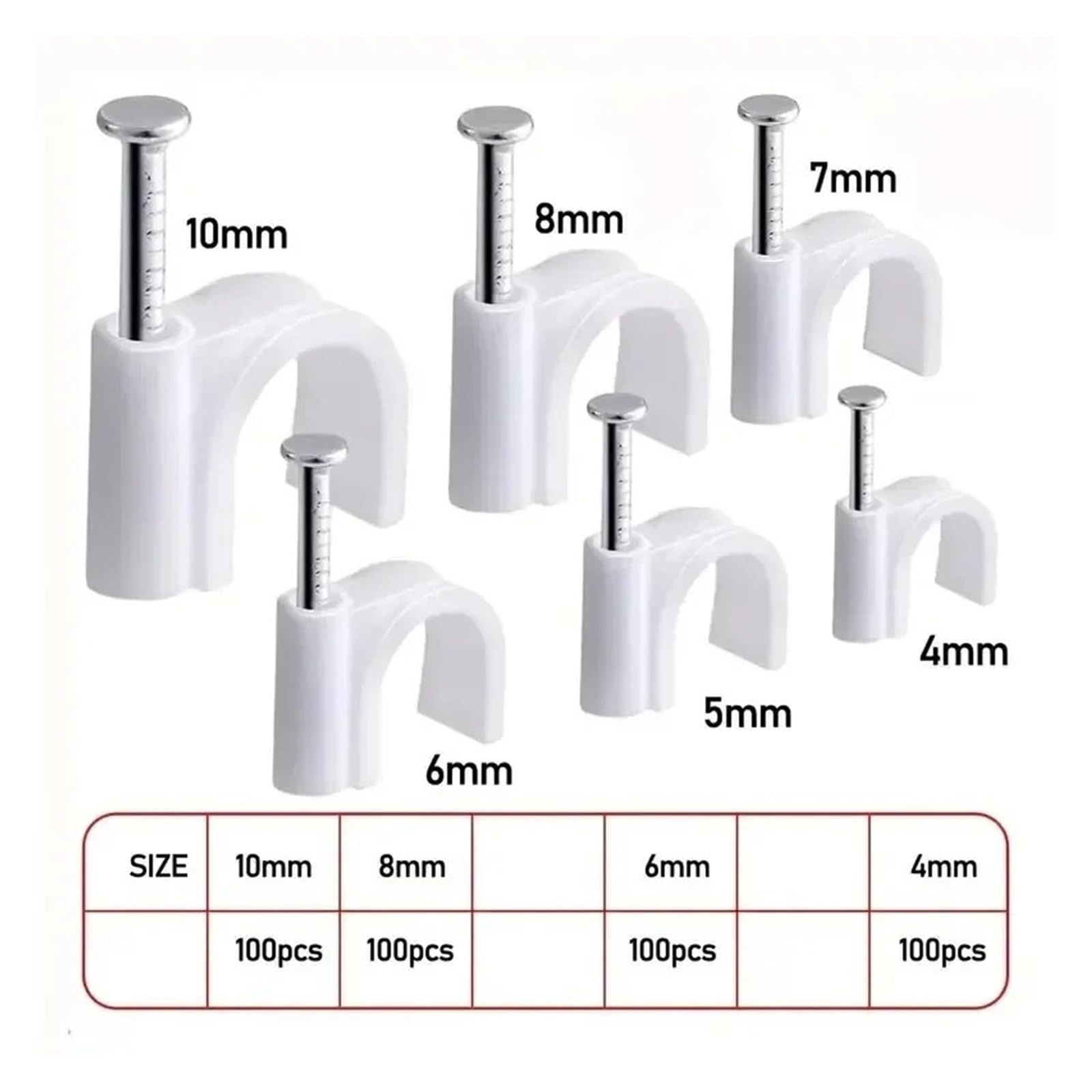 Agrafes de câble coaxial liaison clou en acier blanc 100 pièces 4/6/8/10mm for la gestion des câbles(White 6mm 100pcs)