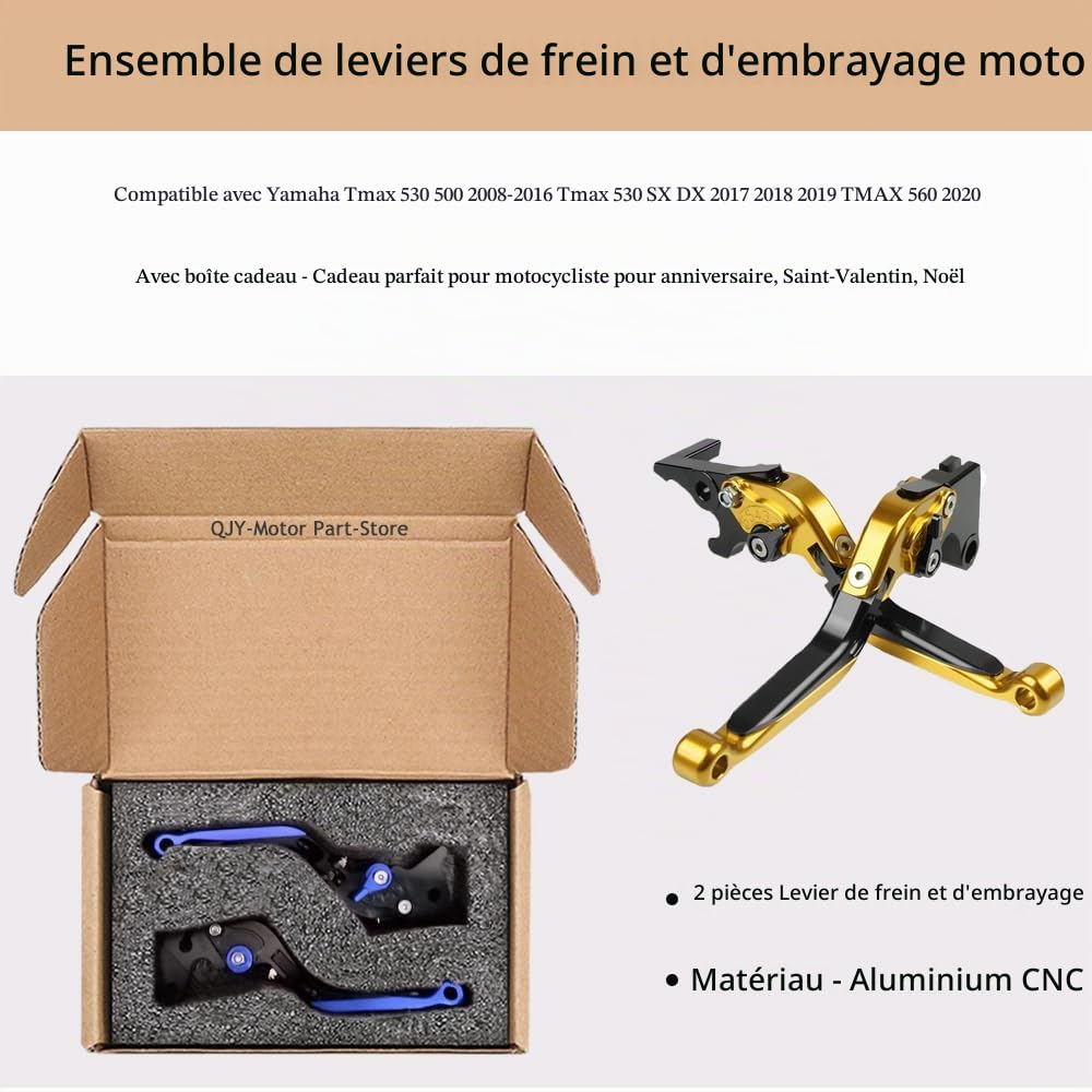 QJY-Motor Part-Store Adjustable Moto Leviers d'embrayage de Frein CNC pour T-MAX 530 500 2008-2016 Tmax 530 SX DX 2017 2018 2019 TMAX 560 2020 (Or/Noir) | T-MAX 530 500 2008-2016 | Leviers de frein d'embrayage | Tmax 530 SX DX 2017 2018 2019 TMAX 560 2020