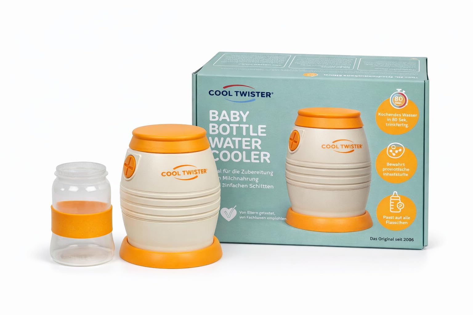 Fläschchenwasserkühler, kühlt kochendes Wasser in nur 80 Sekunden auf 40°C/50°C/60°C ab, ohne Strom, sehr einfache Handhabung, Made in Germany, exklusiv in diesem Shop!