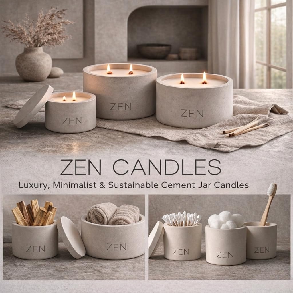 Zen Concrete Candle Lid – Cream Gray Minimalist Home Reusable Jar Plant Pot, Storage – (Gray, Small, Santal) image 2