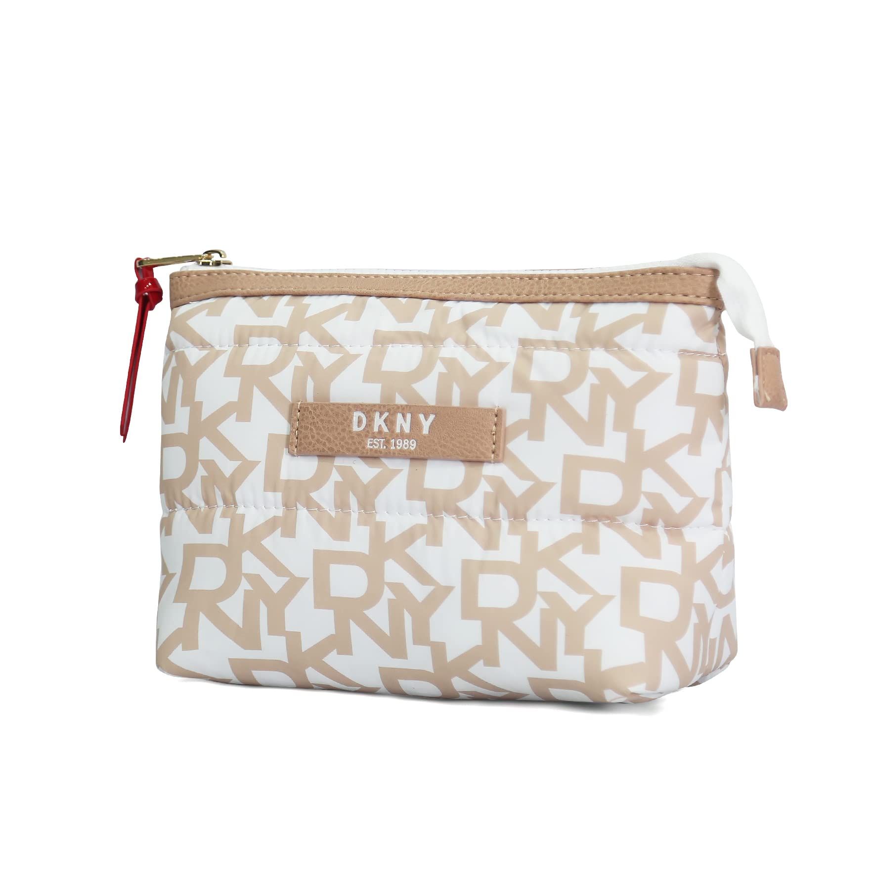 DKNY Signature Puffer Unisex Accessory Bag, White/Toffee, 6x9x4 cm