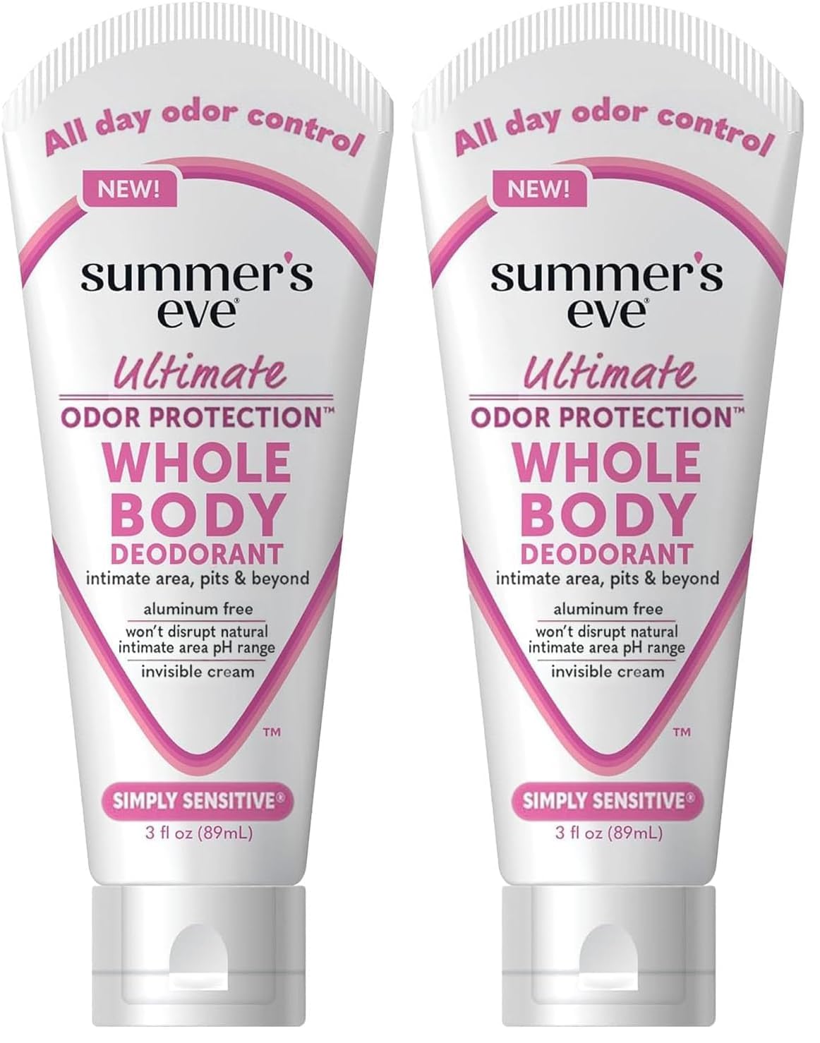 Summer's Eve Simply Sensitive Whole Body Deodorant for Women, Aluminum-Free Ultimate Odor Control Cream, 3 Oz (Pack of 2)