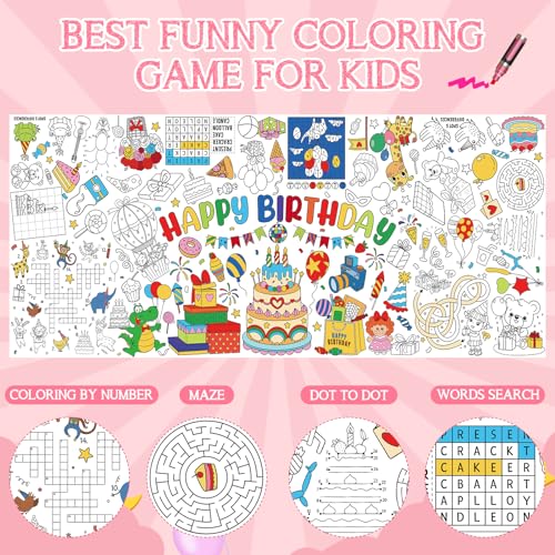 Image of Happy Birthday Giant Coloring Poster for Kids 30x72 Inch, Birthday Large Coloring Poster Tablecloth, Birthday Themed Color-in Activities Games for Kids School Classroom Home Party Supplies Decorations