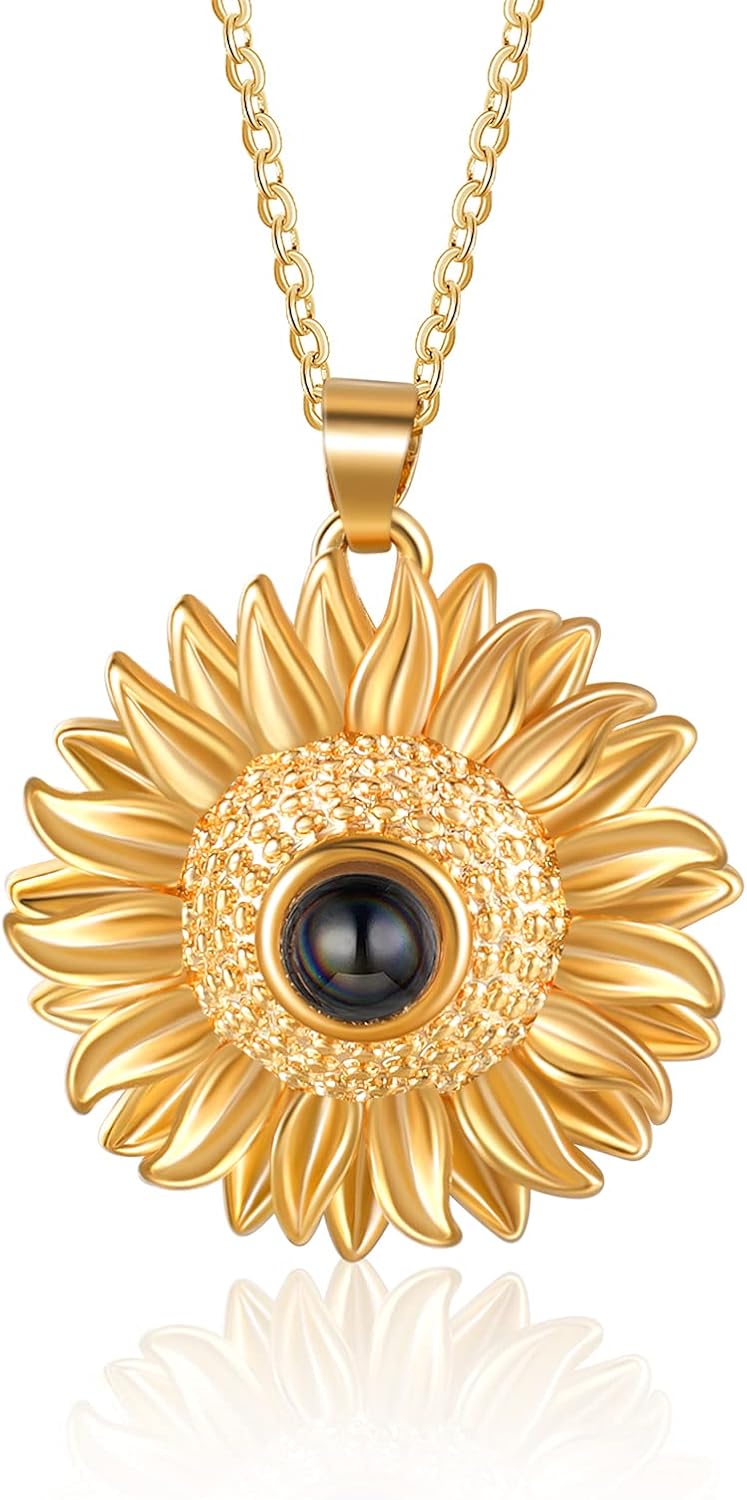 Nameinhea Projection Necklace with Picture Inside Custom Photo Sunflower Necklace for Women Memorial Necklace with Picture Mom Necklace