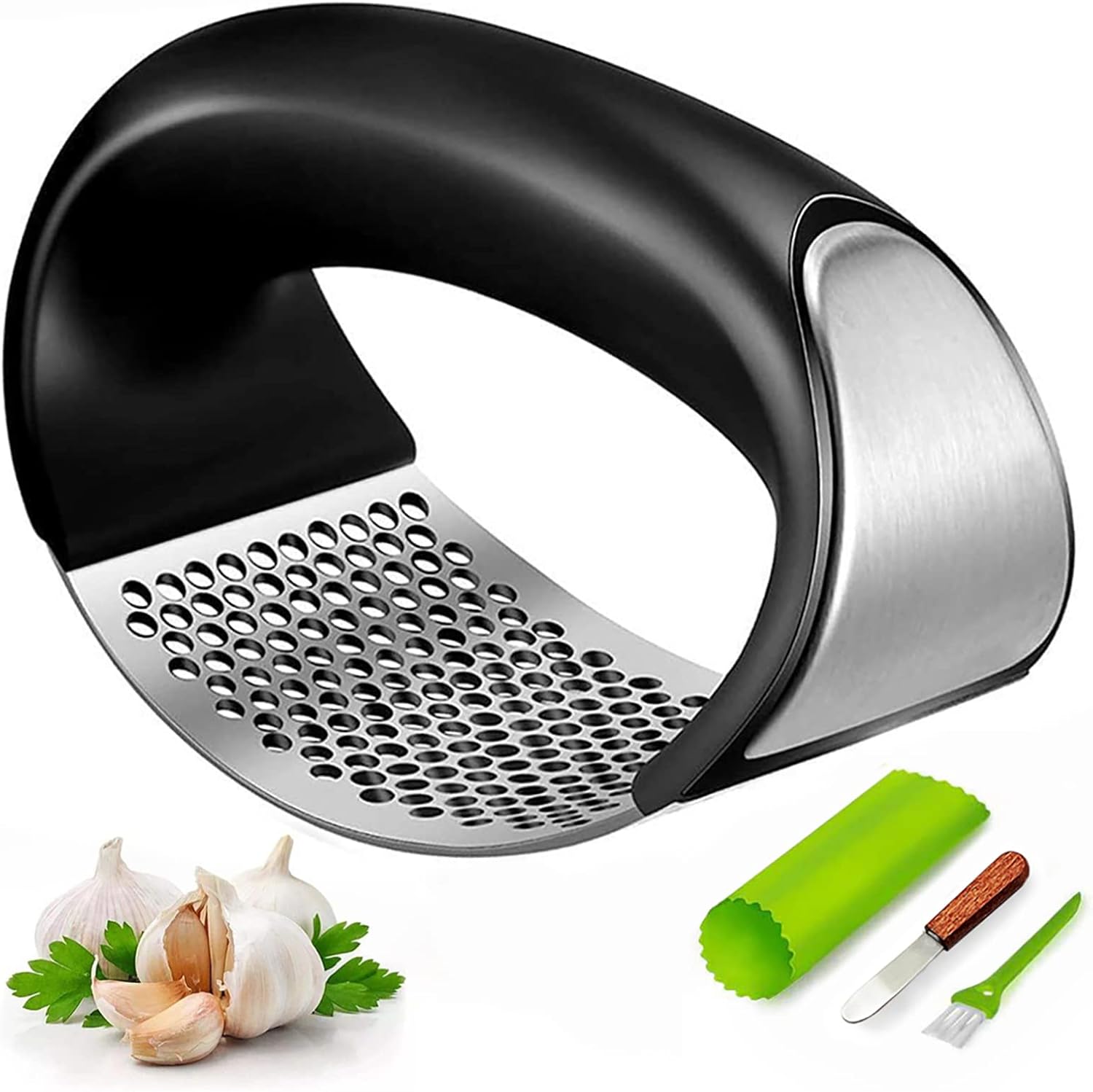 Garlic Press Rocker, Stainless Steel Garlic Mincer Crusher Professional Kitchen Gadgets Garlic Chopper with Ergonomic Handle, Silicone Garlic Peeler: Home & Kitchen