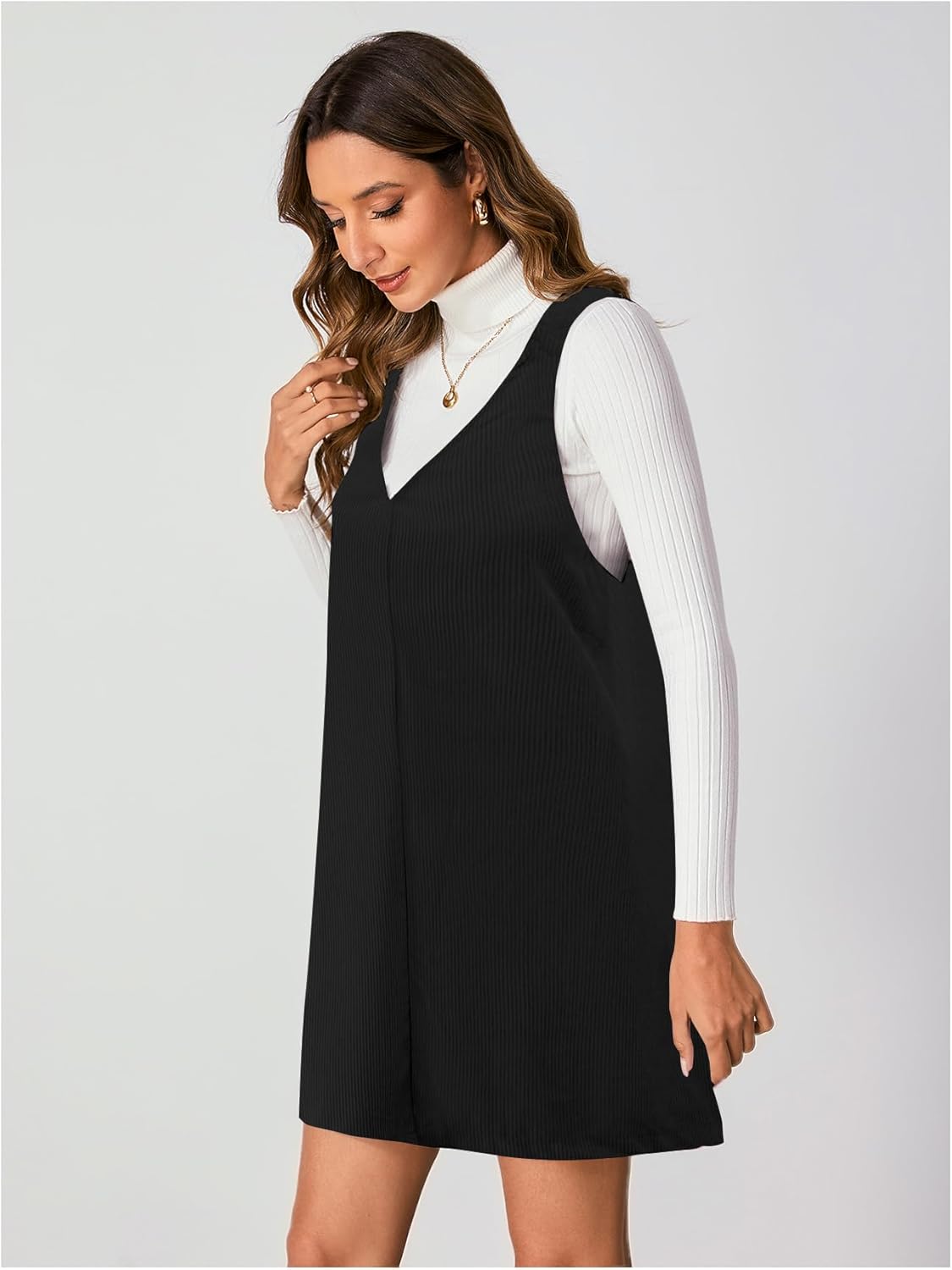 Milumia Women V Neck Corduroy Overall Dress 2025 Fall Mini Pinafore Jumper Dress - Image 5