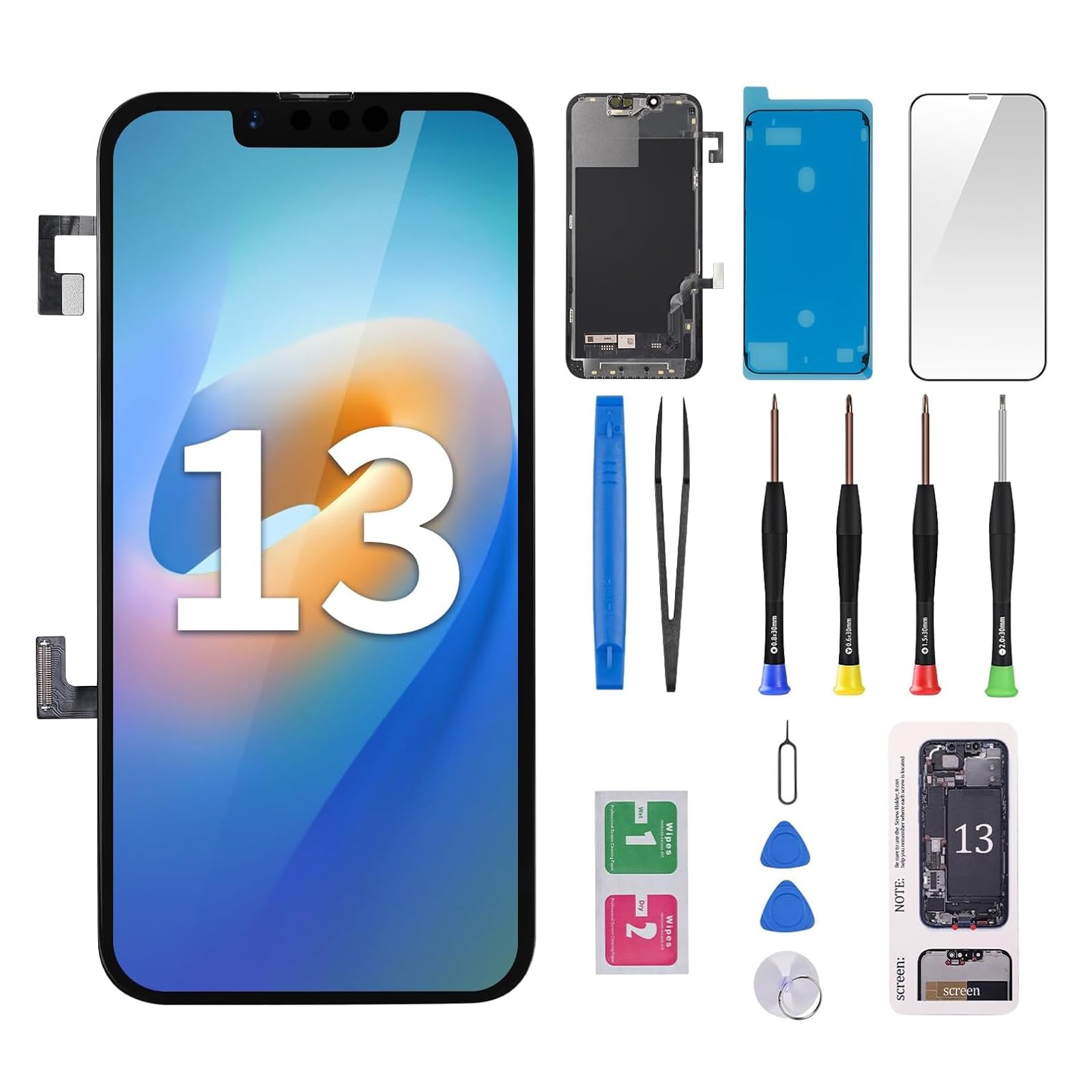 for iPhone 13 Screen Replacement 6.1" with Ear Speaker Flex Cable Proximity Sensor LCD Touch Display Digitizer Full Assembly with Front Glass Repair Tools Kits A2482 A2631 A2634 A2635 A2633