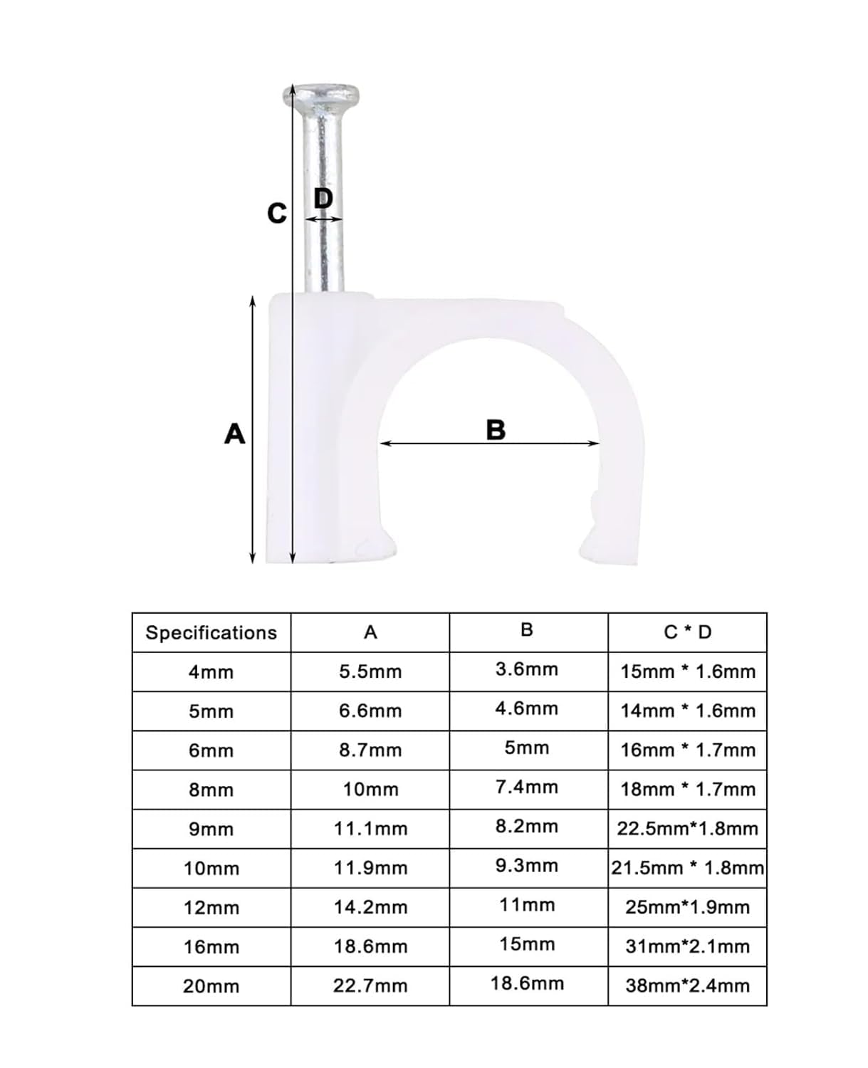 Clou de câble, clip de finition de câble, clip de clou de câble, clip de finition de fil, 4 mm, 5 mm, 6 mm, 8 mm, 9 mm, 10 mm, 12 mm, 16 mm, clip de câble circulaire à chemin circulaire, clip de clou
