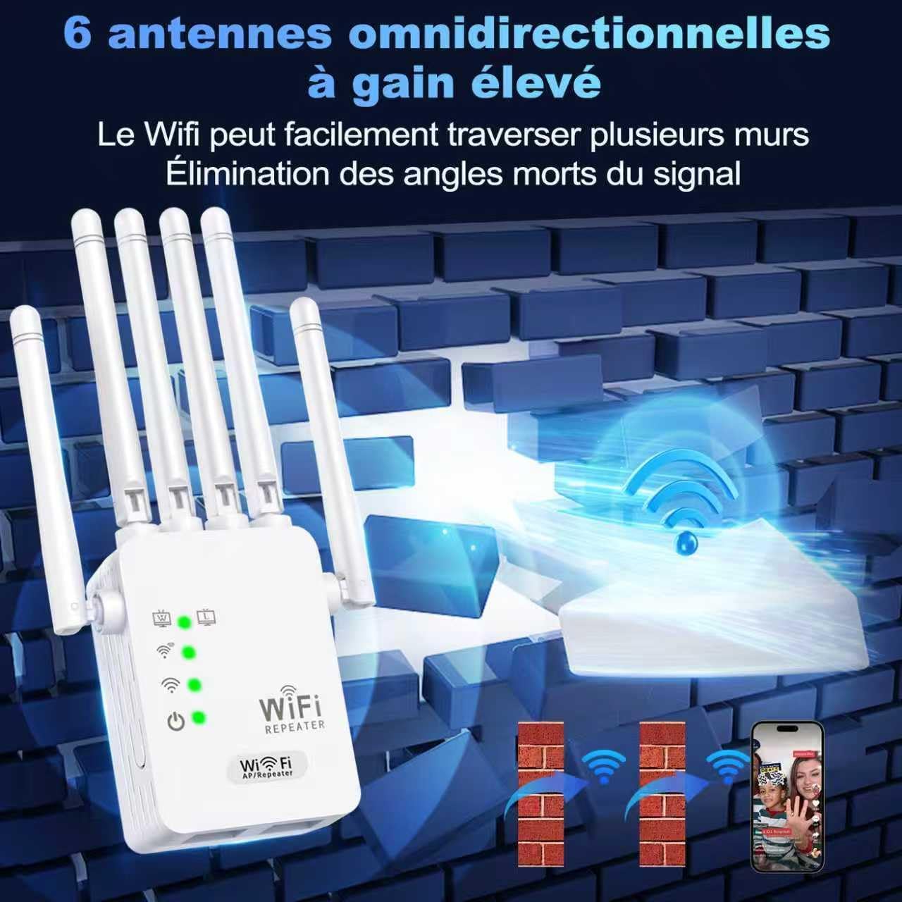 Repeteur WiFi Puissant, Amplificateur Répéteur WiFi 6 Dual Band,repeteur WiFi Puissant avec 6 Antennes Puissantes, 2 Ports LAN,repetiteur WiFi Puissant sans Fil