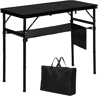 LOFTEY Folding Camping Table with 3 Adjustable Height, 3ft Foldable Aluminum Camp Table, Lightweight with Storage Bag, Portable for Outdoor, BBQ, Hiking, 34.2" x 15.7" x 27.5", Black