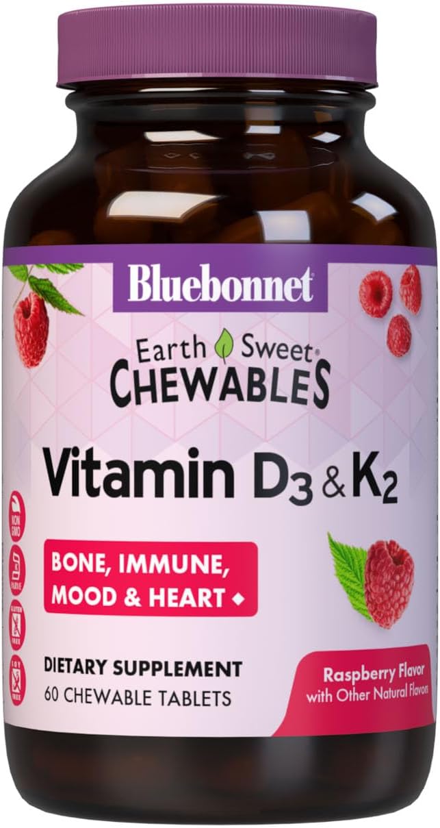 Nutrition Vitamin D3 & K2 EarthSweet Chewable Tablets, for Immune, Mood & Heart Health*, Soy-Free, Gluten-Free, Non-GMO, Kosher Dairy, 60 Raspberry Flavor Chewable Tablets, 60 Servings