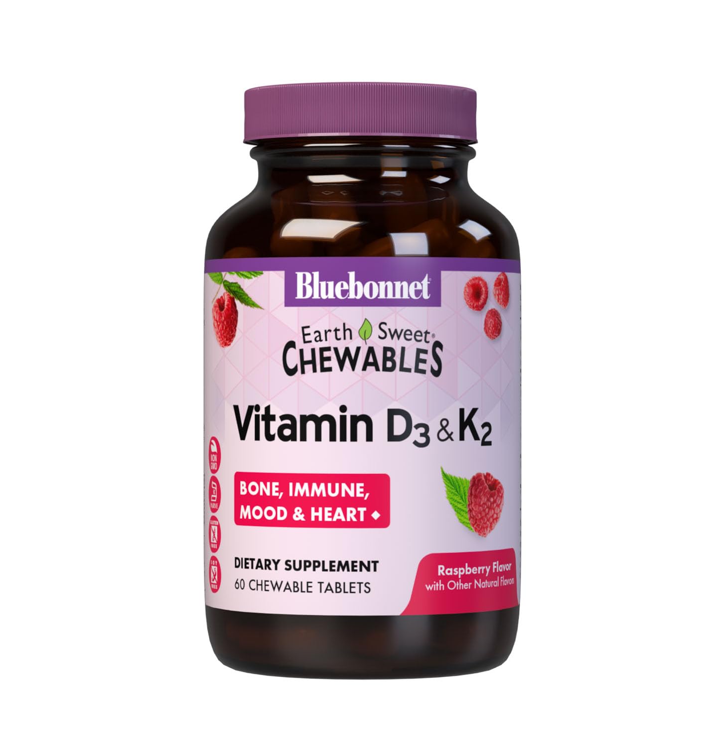 Διατροφή Bluebonnet Βιταμίνη D3 & K2 EarthSweet Chewable Tables, για την Ανοσοποιητική, Mood & Heart Health*, Χωρίς σόγια, Χωρίς γλουτένη, Μη ΓΤΟ, Kosher Dairy, 60 Raspberry Flavor Chewable Tablets, 60 Servings