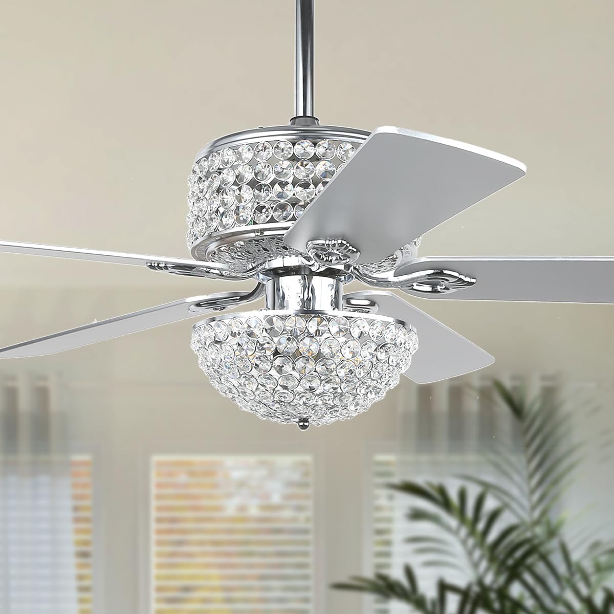Crystal Ceiling Fan with Lights, 52” Modern Chandelier Fan with Remote Control, Quiet Fandelier with Reversible Dual Finish Blades, Indoor Fan Perfect for Living Room Dining Room, Bedroom, Silver Chrome