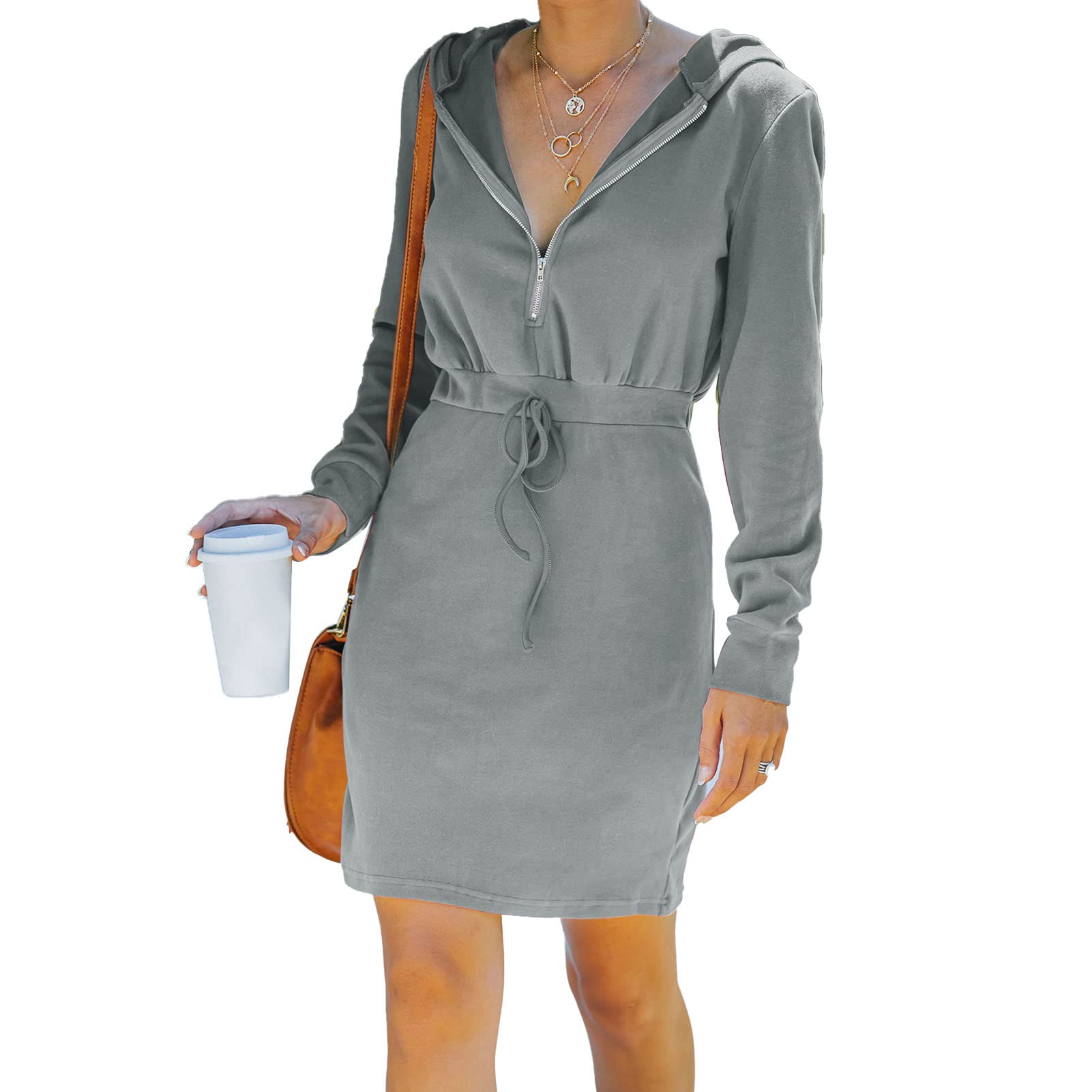 Robe Pull à Capuche Femme Manches Longues Sweat Décontracté Col en V Fermeture éclair Taille Cordon pour Dames Filles Gris