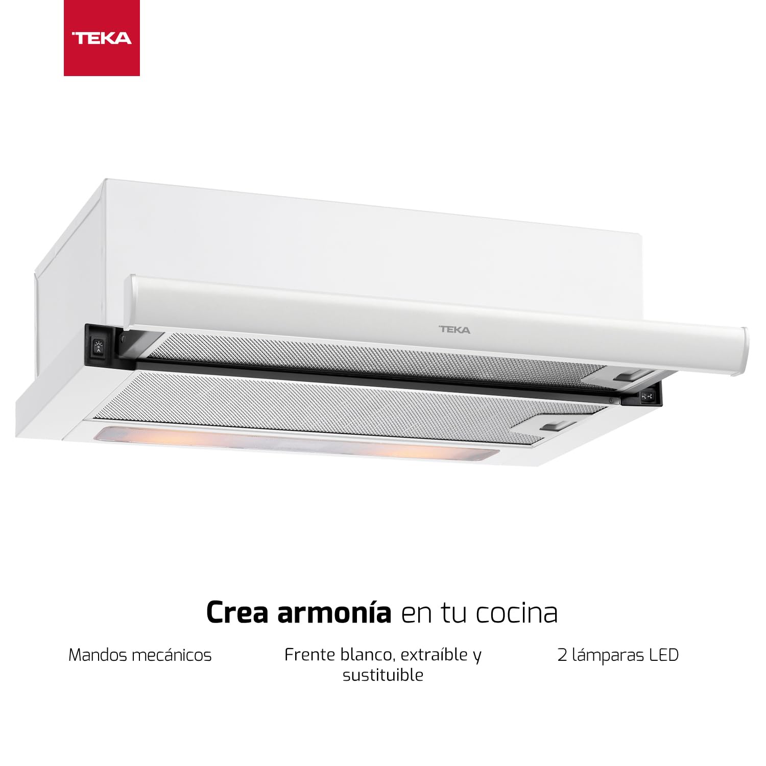 TEKA Campana Extensible 60 cm Telescópica Frente Blanco Extraíble y Sustituible, 3 Velocidades, 2 Lámparas LED, 1 Motor, 360 m3/h, Compatible con recirculación, TL 6420.2 WH