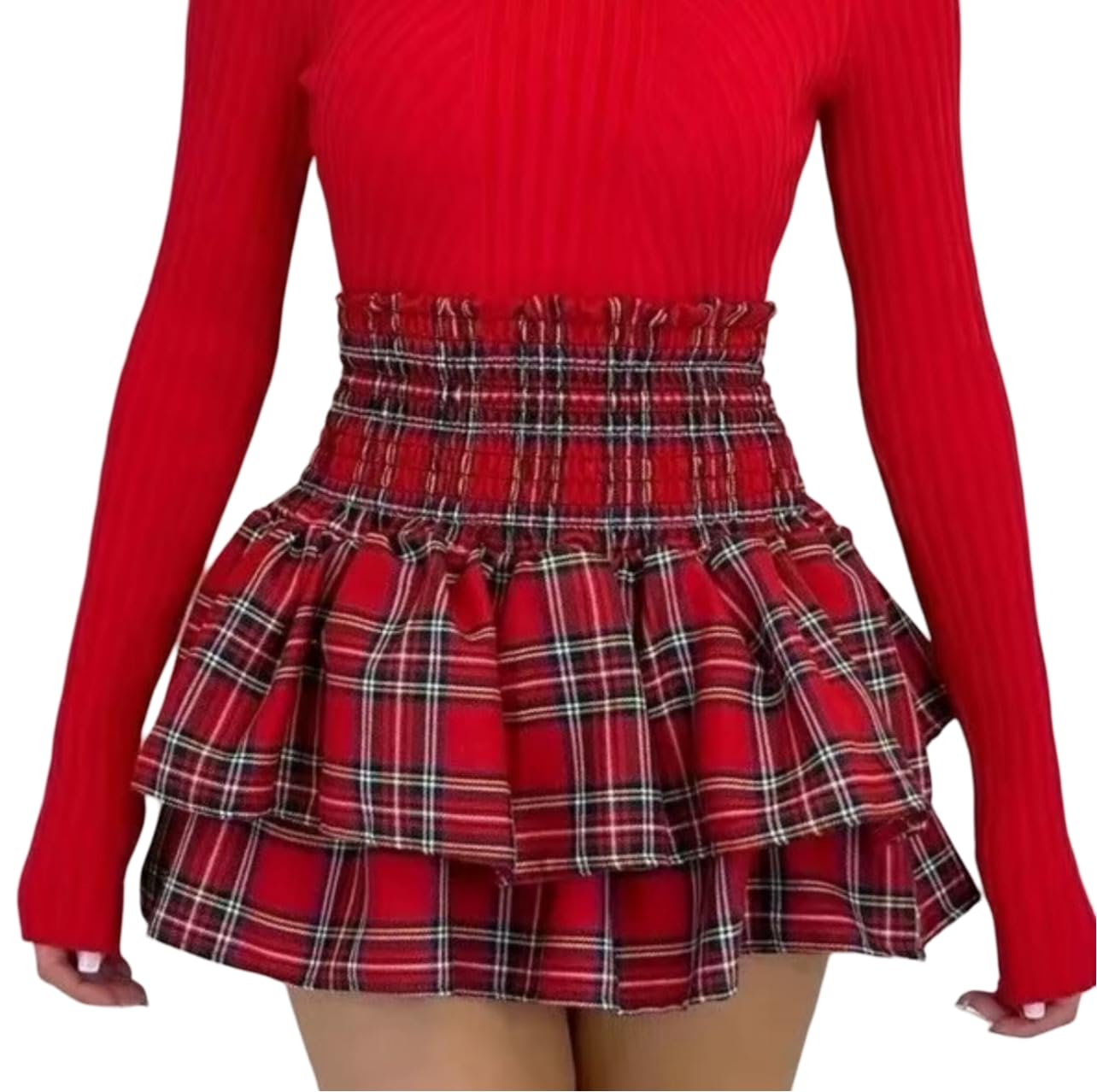 FAIRY TRENDZ Ladies High Waisted Pleated Gathering Frill Plain Tartan RARA Short Skirt Womens Sheering Elastic Waist Pullover 2 Layers RARA Mini Skirt