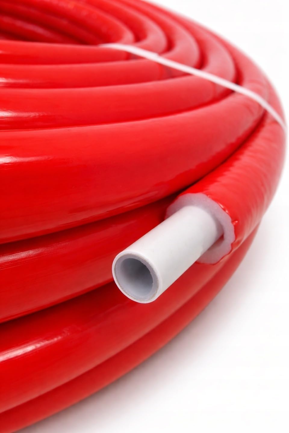 Tubo multicapa 16x2 mm 50 m con aislamiento rojo 6 mm, rollo certificado DVGW para agua potable, calefacción e instalación sanitaria | aislamiento rojo, fontanería, calefacción, sanitario, agua potable, aluminio, vaina aislante, ahorro de tiempo
