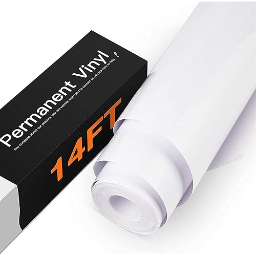 HTVRONT White Permanent Vinyl, 12" x 14 FT Glossy White Adhesive White Vinyl Roll Compatible with Cricut Cutting Machine, Silhouette, Cameo Cutters, Signs, Scrapbooking, Craft, Die Cutters