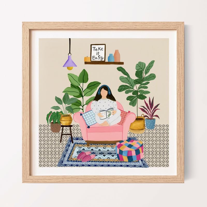 The Spring Palette (TSP) | Leisure Hours – Modern Wall Painting | Self Love Theme | Modern Art Painting For Living Room Bed Room And Office | 10 X 10 Inches, Natural Frame