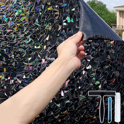 Volcanics Total Blackout Window Privacy Film with Installation Tools, Rainbow Room Darkening Black Window Cover, Static Cling 100% Light Blocking 17.5 x 78.7 Inches