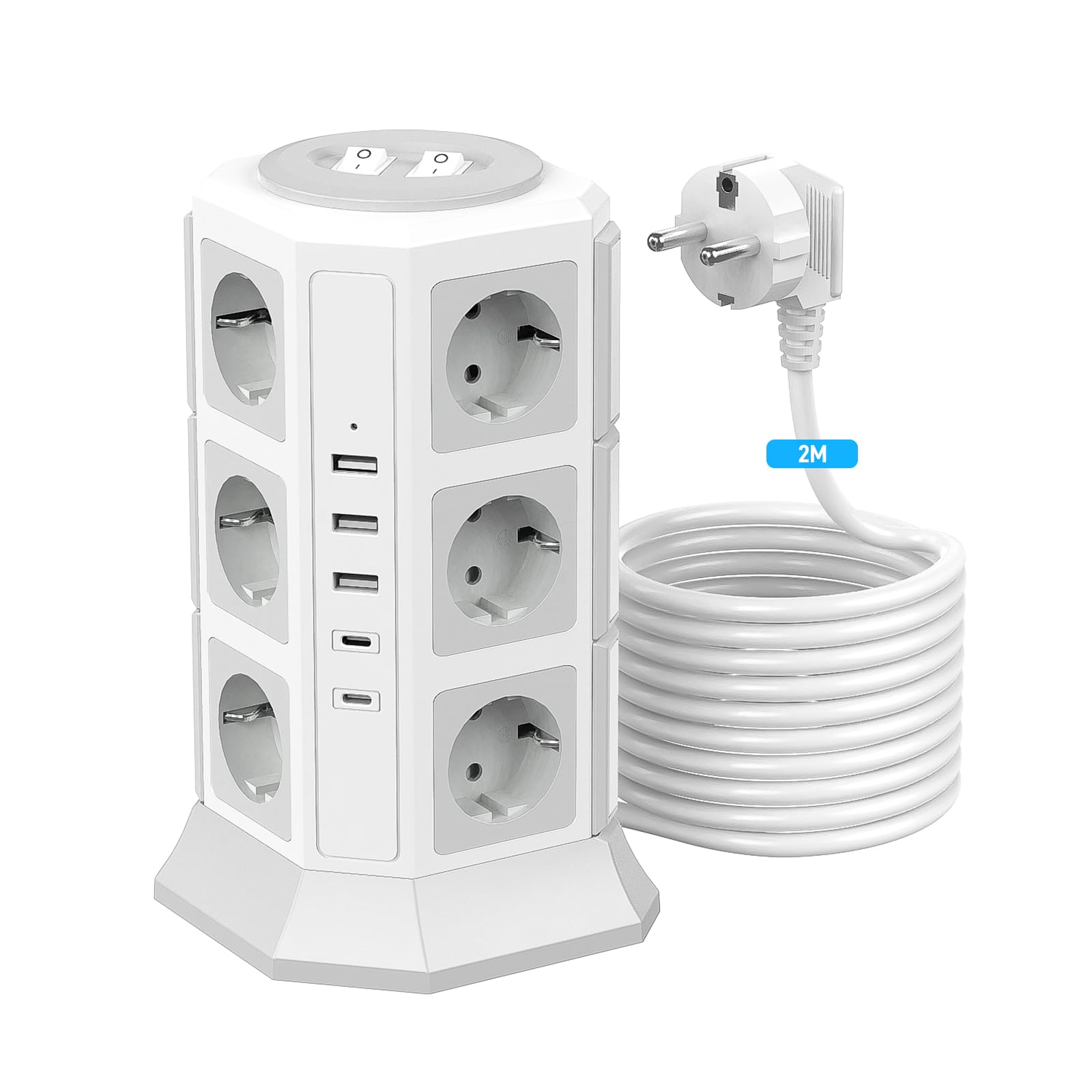 BEVA Multipresa Ciabatta Elettrica, Multipresa Verticale con 5 Porte USB e 12 Prese AC, 2 Interruttori, Cortocircuito e Surge protezione (2500W / 10A), 2M Cavo (Bianca)
