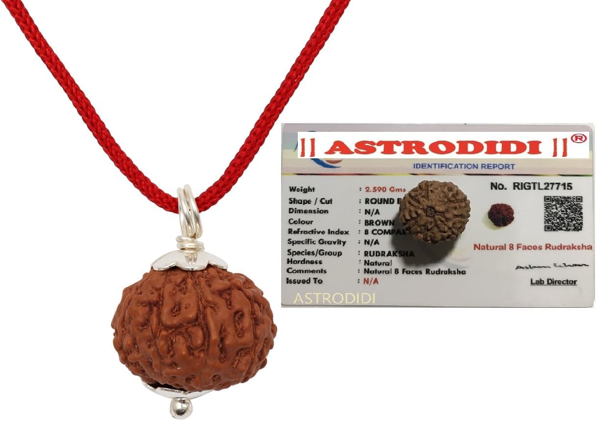 8 Mukhi Rudraksha Original Certified Java Eight Face Small Size Silver Coated Pendant with Lab Report | Unisex Design for Men & Women