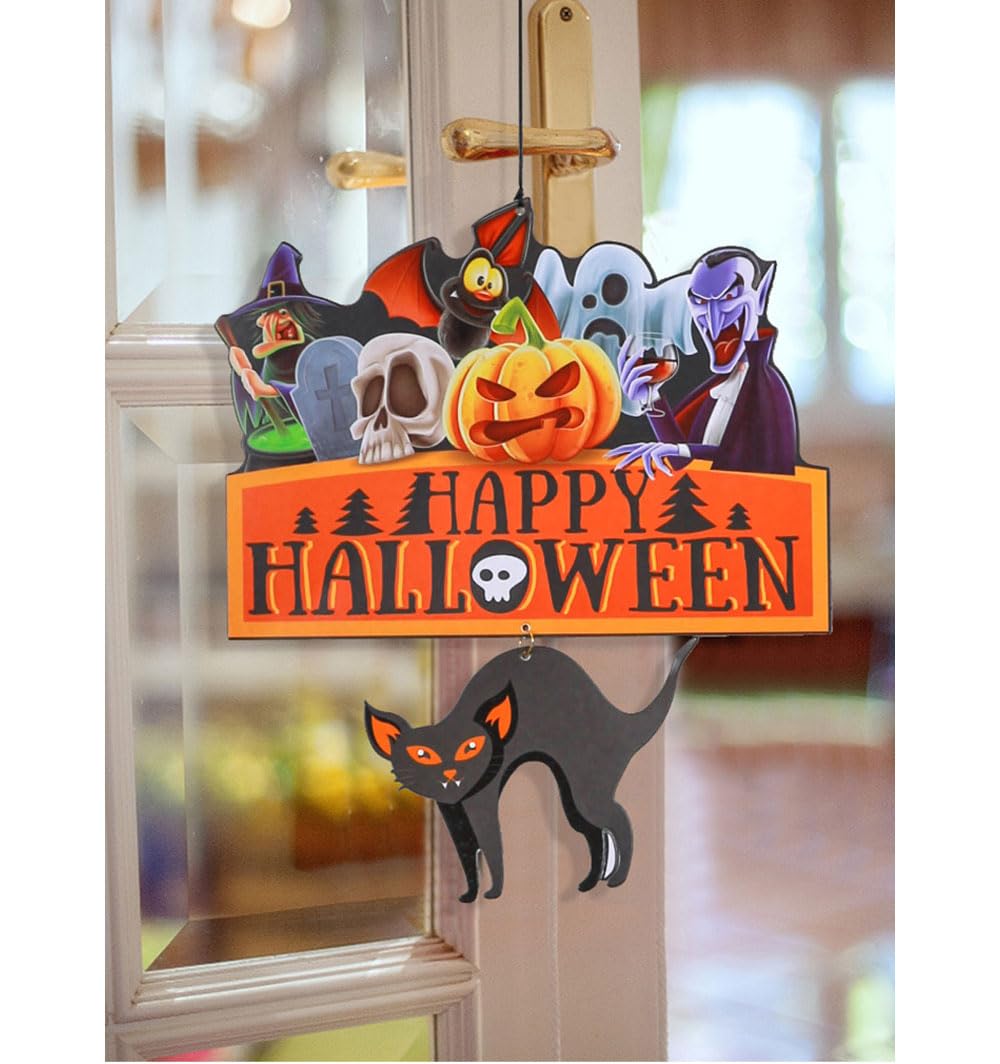 Halloween Door Decorations, 5PCS Happy Halloween Hanging Decorative Sign for Wall Window, Paper Black Cat Welcome Decoration Props for Indoor Outdoor Haunted House Party Decals Favors (Black Cat)