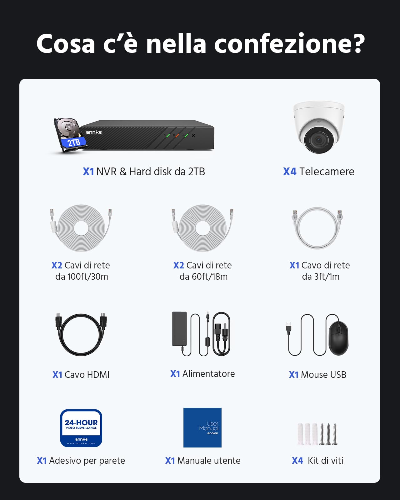 ANNKE Kit Videosorveglianza PoE Ultra HD 8CH 4K NVR con 2TB Disco Rigido H.265+ 4x Telecamere IP 5MP 3K Sistema Esterno EXIR Visione Notturna, Rilevamento Intelligente di Uomo e Veicolo