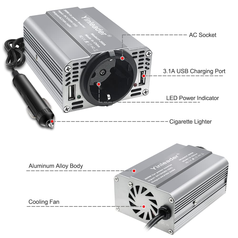 Yinleader Inverter da 200 W, 12 V a 230 V, 1 prese europee, 2 convertitori USB per auto, per caravan e campeggio