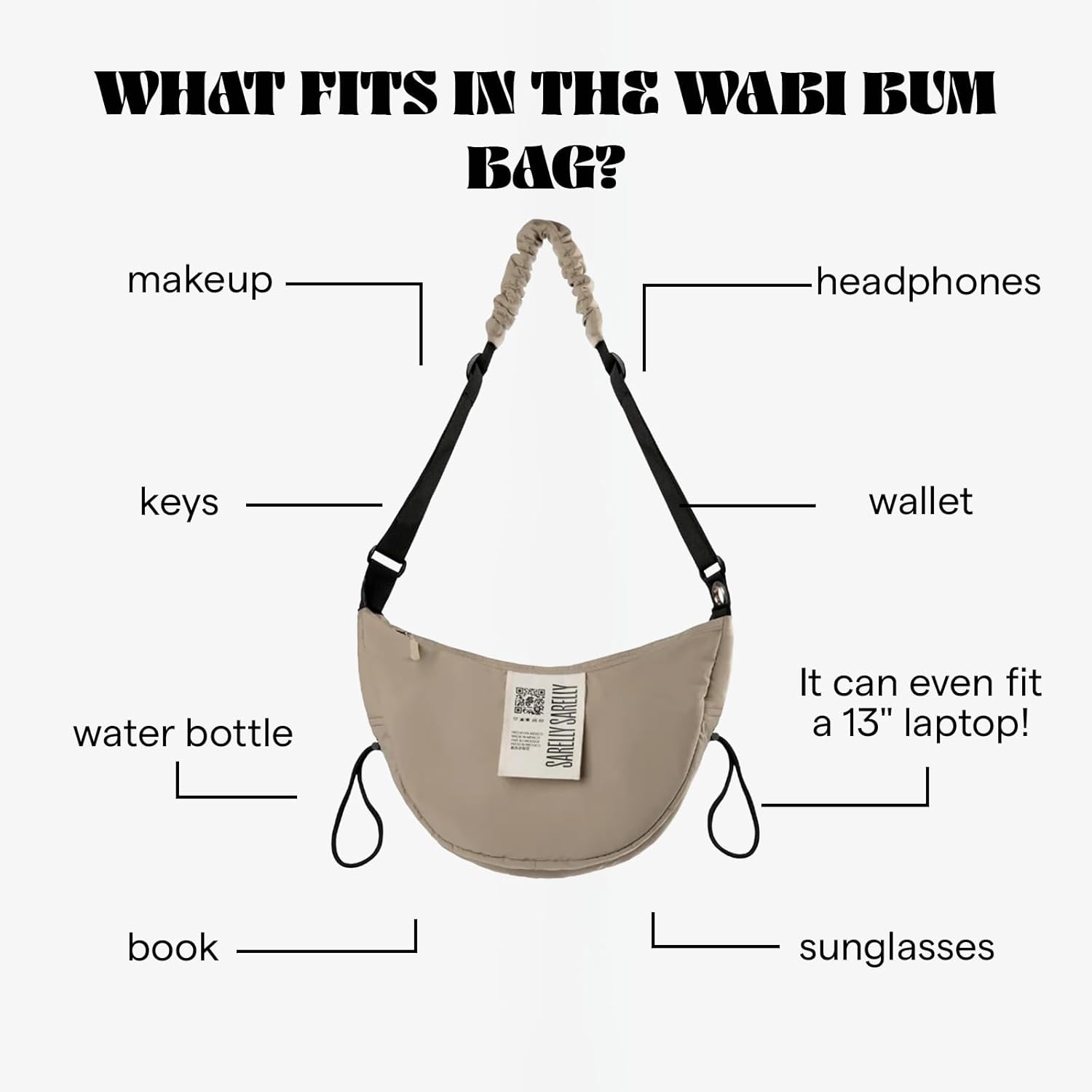 SARELLY, Wabi Bum Bag, Waterproof, Ultra-Light, Convertible Belt Bag with 2 Compartments, Beige