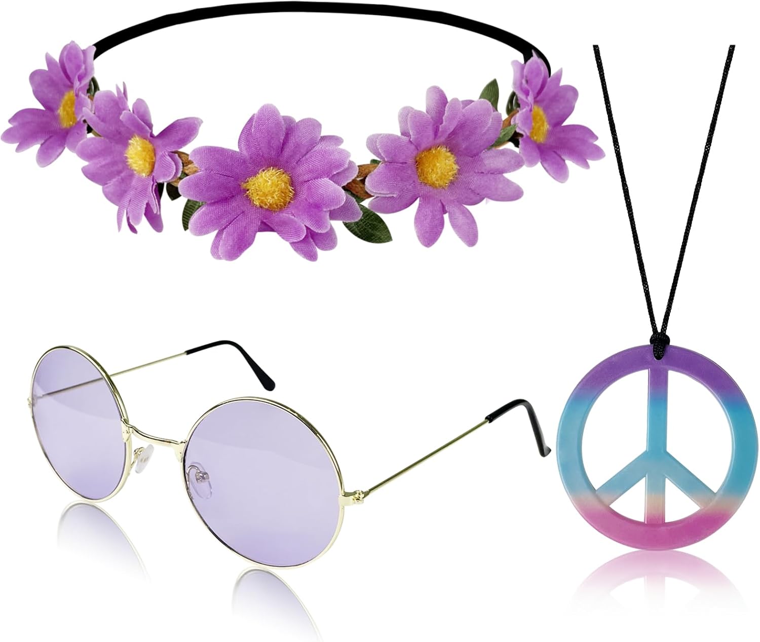 Hippie Costume Set Includes Peace Sign Necklace and Earring, Flower Crown Headband and Sunglasses 60s 70s Party Accessories