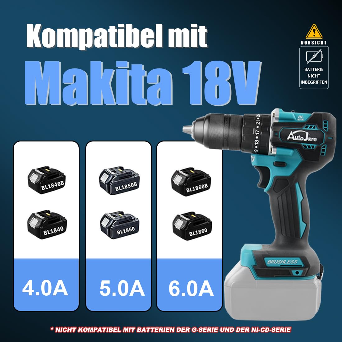 Akumulatorowa wiertarko-wkrętarka udarowa, kompatybilna z Makita 18 V, 13 mm, bezszczotkowa wiertarko-wkrętarka 35 + 3 poziomy momentu obrotowego 90 Nm, 2 regulowane stopnie wkrętarki
