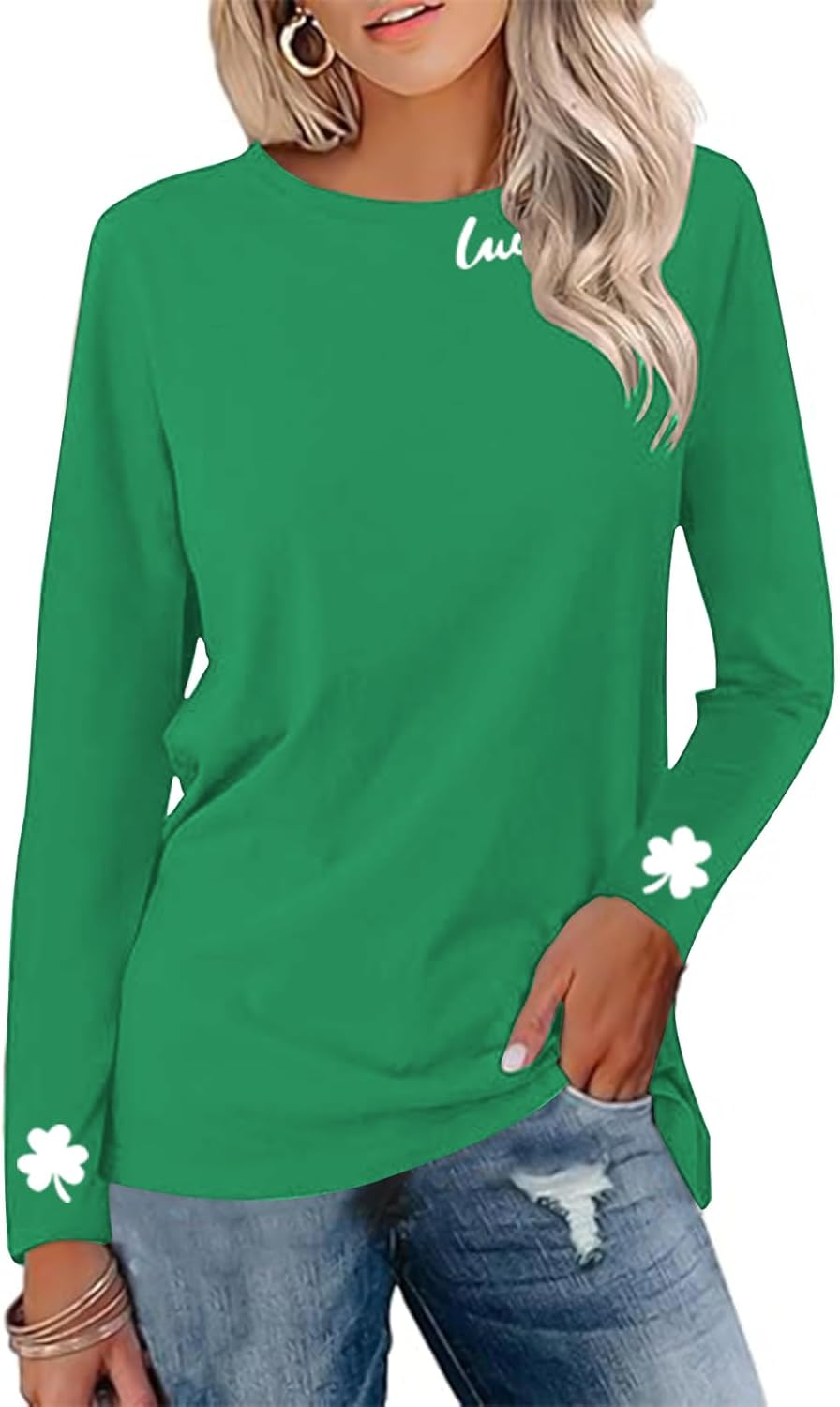 Saint Patricks Day Shirt Women Long Sleeve Green St Patricks Day Shamrock Shirt Irish Lucky Clover Heart Graphic Tee Top