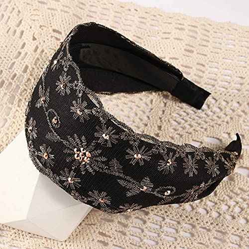 Leadigol 3 Pcs Lace Wide Floral Pearl Embroidery Headbands for Women, Crystal Korean Trendy Simple Flower Headwear
