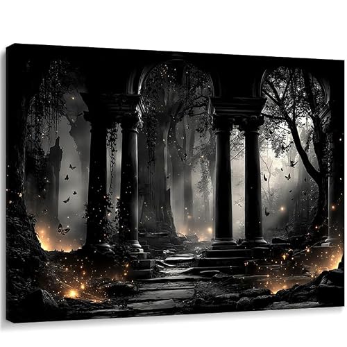 Dark Fantasy Ruins Canvas Wall Art, Gothic Forest Temple Print,