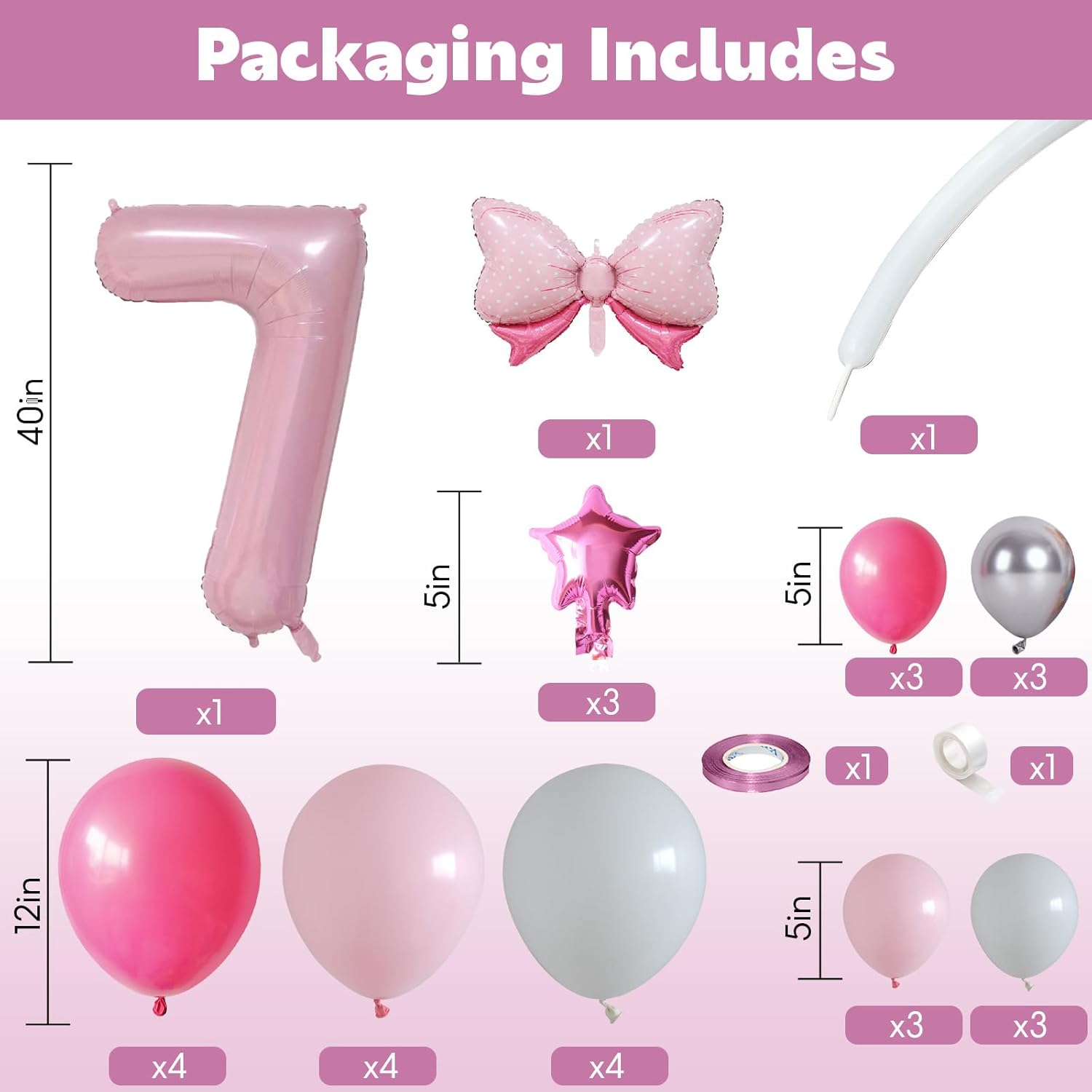 40 Inch Pink Number 7 Balloon for 7th Birthday Decoration Pastel Baby Pink Number Seven Foil Balloon Tower Giant Large Digit Hot Pink White Helium Balloons Stack Stand for Girl Anniversary Party - Image 2
