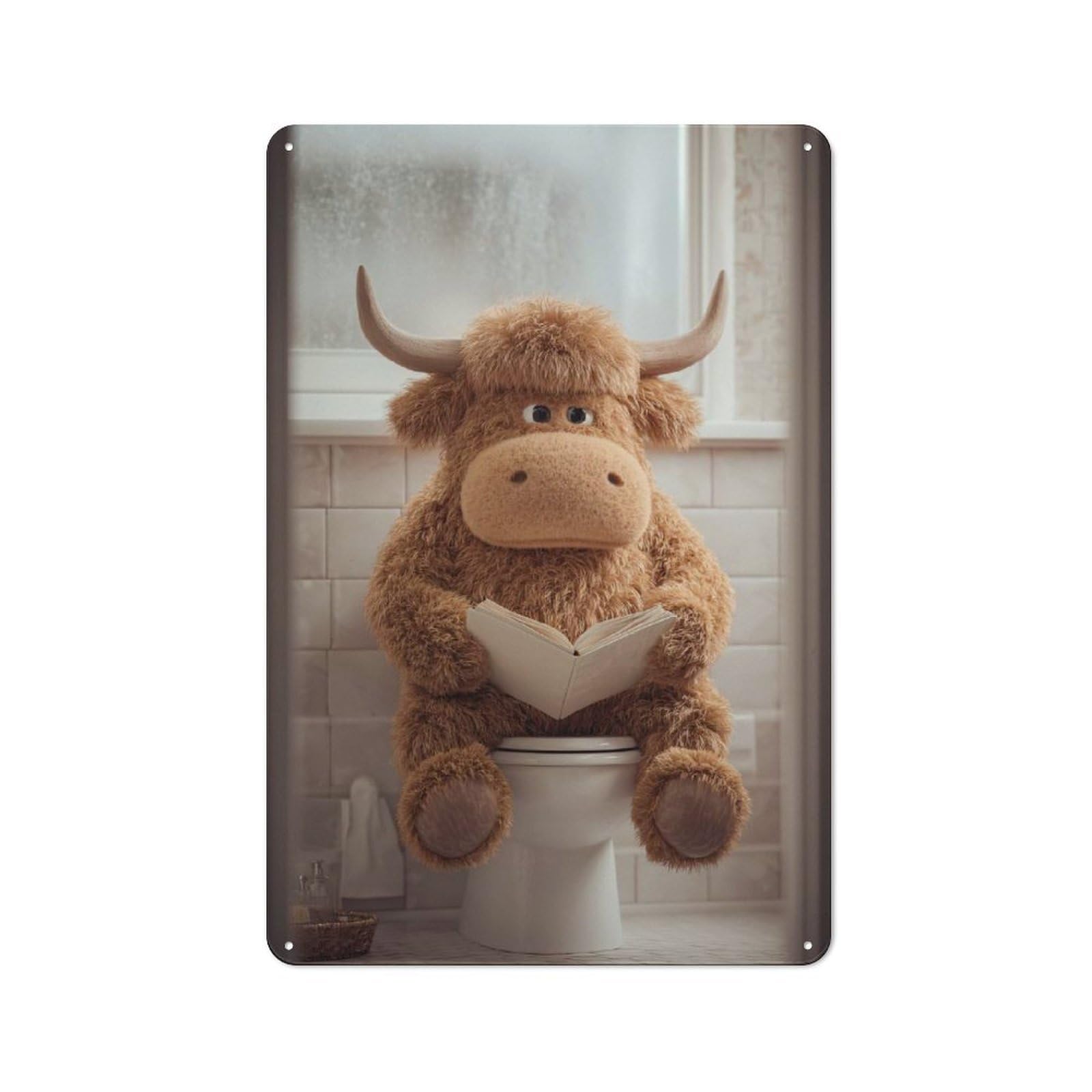 Junmoney Style-21 Retro Stuffed Highland Cow Reading On Toilet Metal Gift Sign 30X20cm, Home Wall Decor For Flat, Dorm Room, Lounge Or Cafe