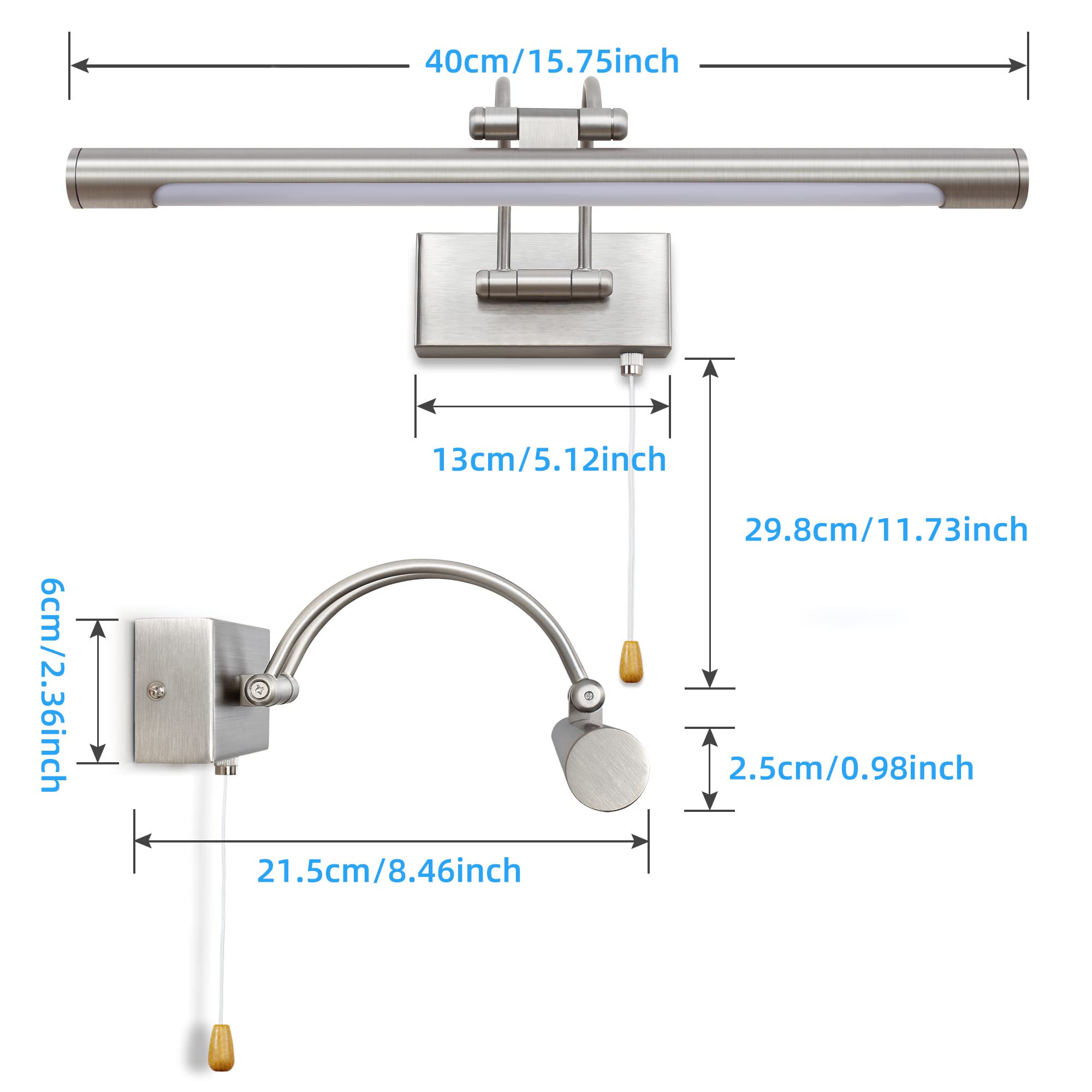 Lámpara LED para Espejo de Baño Níquel 40cm 8W 3000K, Aplique de Pared con Brazo Giratorio e Interruptor, Iluminación para Gabinete