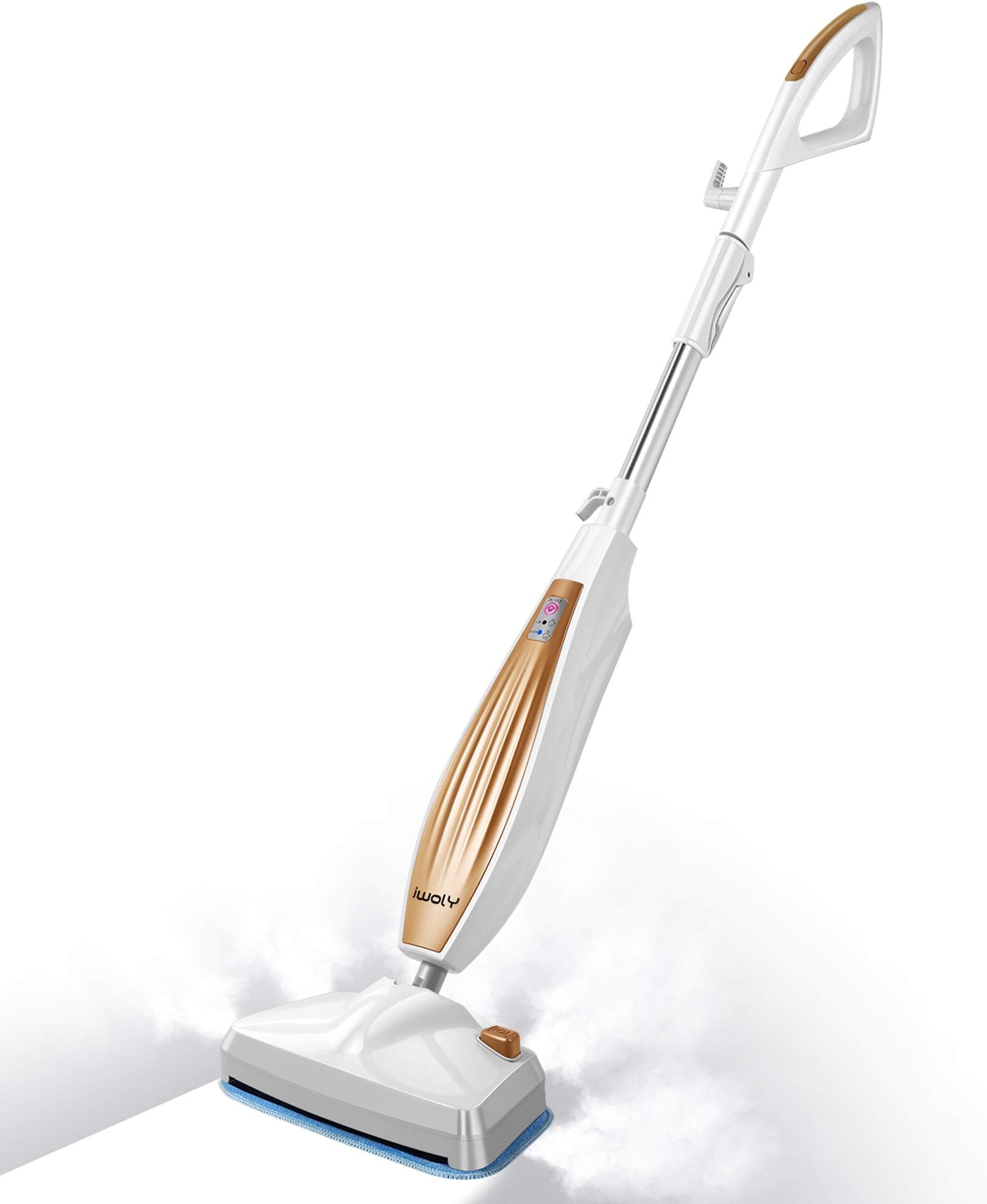 iwoly M11 Steam Mop with Handle Switch and 2 Mop Pads for Floor Cleaning, White+gold