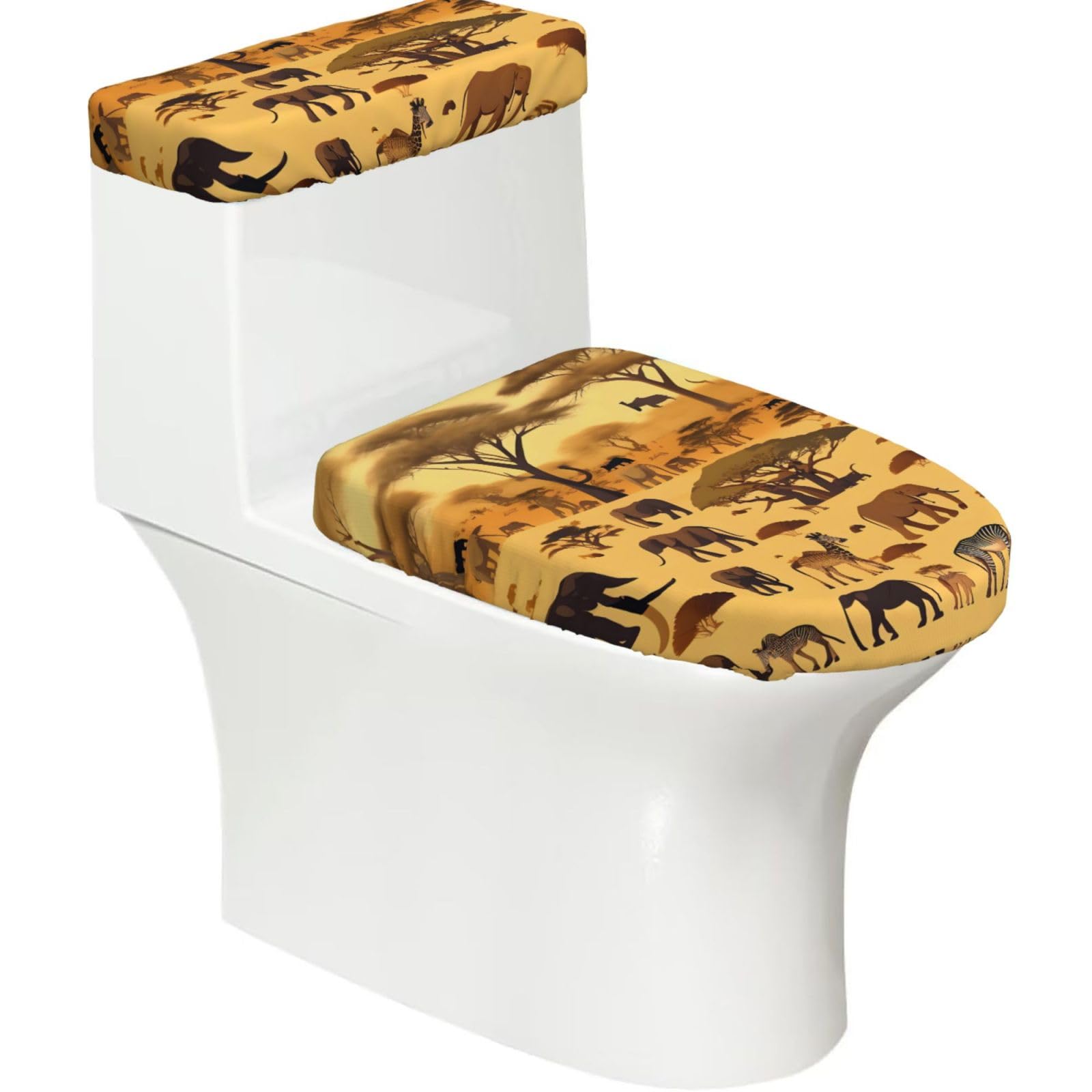 Cntdbu Black African Grassland Animals Stretchy Toilet Lid And Tank Cover Set-Soft Elastic Bathroom Decor For U Shape Oval