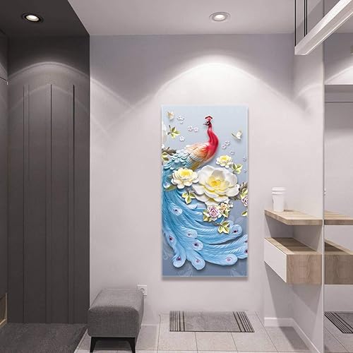 Miniatura 113 de Looife Lienzo decorativo para pared de pavo real, 16 x 32 pulgadas, pájaros verde azulado con flores, decoración de pared para decoración de DW148