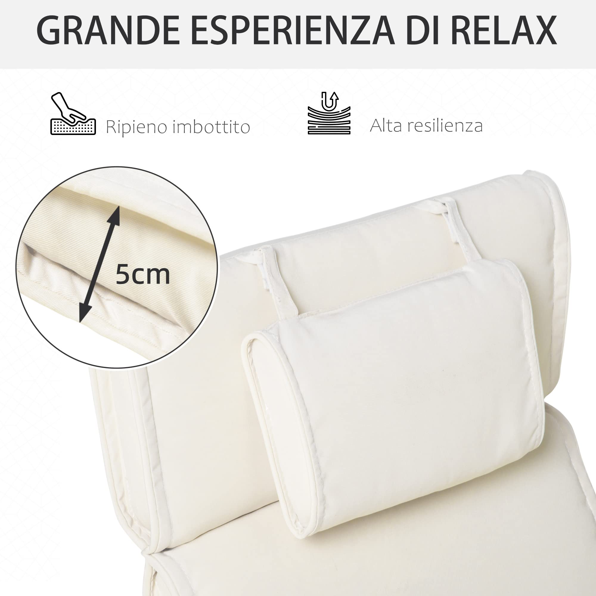 Outsunny Cuscino per Sdraio Lettino Prendisole da Giardino 198x53x5cm Bianco Crema