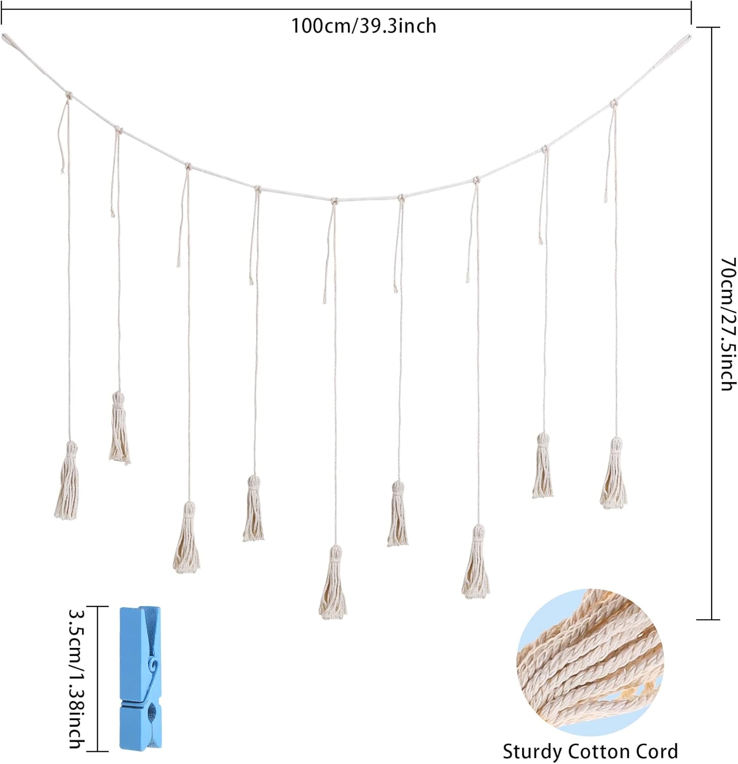 Hanging Photo Display, Macrame Wall Hanging Pictures Holders with 20 Wood Clips, Boho Collage Picture Frame for Wall Decoration, for Rustic Country Decor, Home, Office, Nursery Room - Image 3