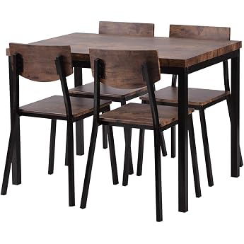 OSJ Dining Set, Natural, Width 43.3 in 110 cm, 4-Seater, Square, 4 Chairs, 5-Piece Set